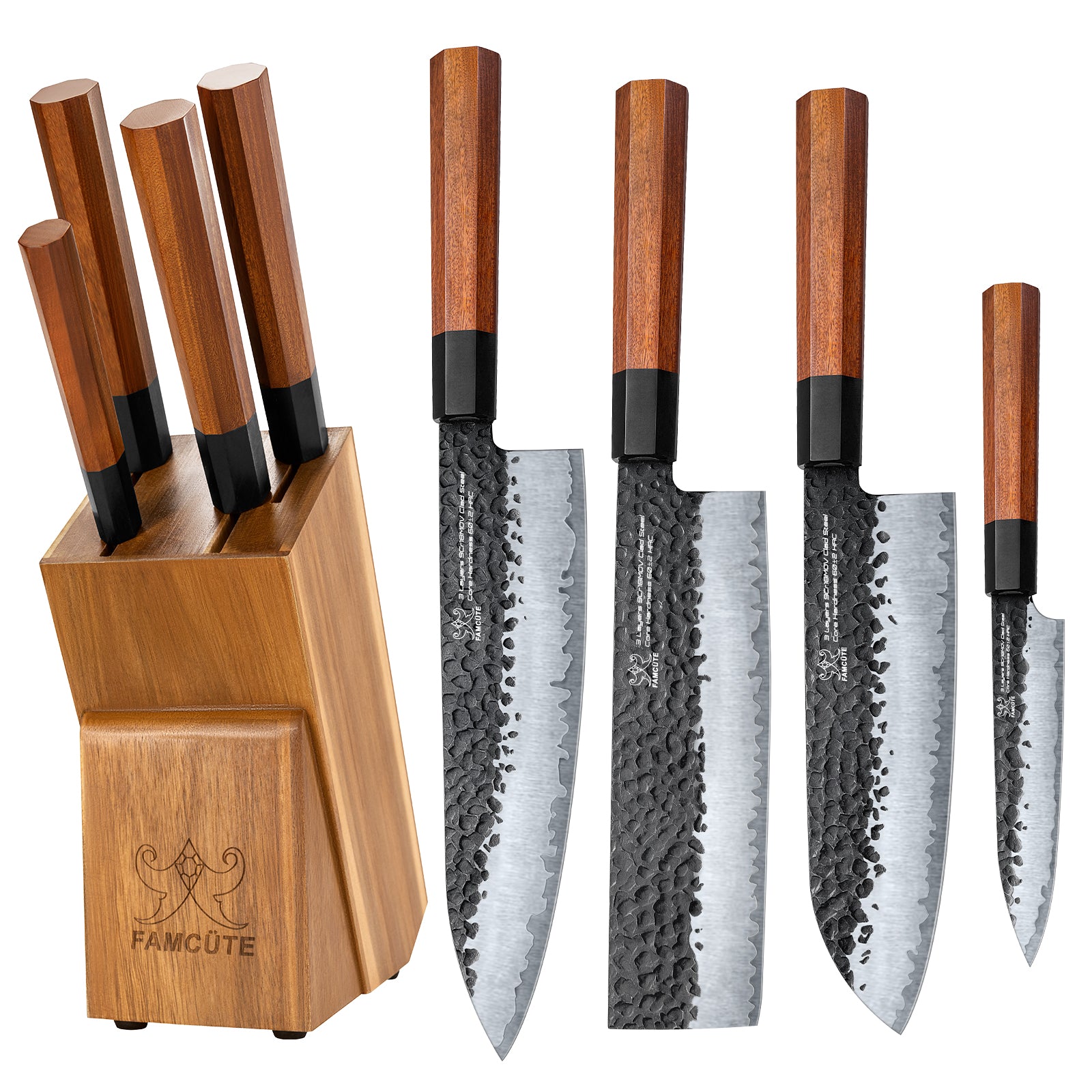 FAMCÜTE Japanese Chef Knife Set, 3 Layer 9CR18MOV Clad Steel w/octagon Handle and Block Wooden Holder for 4Piece Kitchen Knife Set (8” Gyuto Knife, 7” Nakiri Knife, 7” Santoku knife, 5” Utility knife)