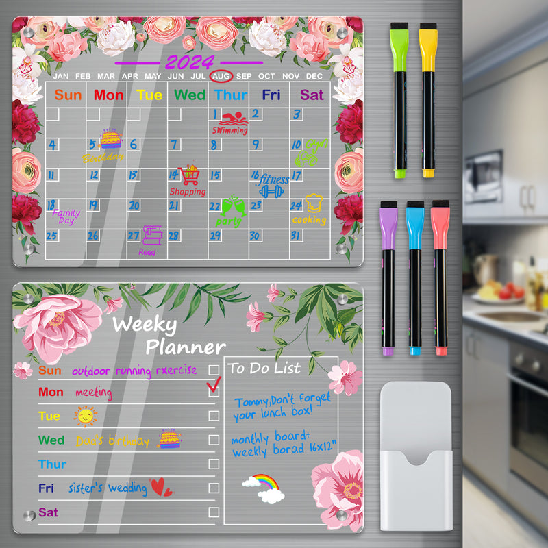 FAMCĂTE 2024 Magnetic Calendar for Fridge/Glass/Door/Wall, 2-Pack 16" x 12" Monthly & Weekly+Memo Acrylic Fridge Calendar Set, Dry Erase Board Planner Set - Home Essentials