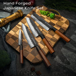 FAMCÜTE Japanese Chef Knife Set, 3 Layer 9CR18MOV Clad Steel w/octagon Handle and Block Wooden Holder for 4Piece Kitchen Knife Set (8” Gyuto Knife, 7” Nakiri Knife, 7” Santoku knife, 5” Utility knife)