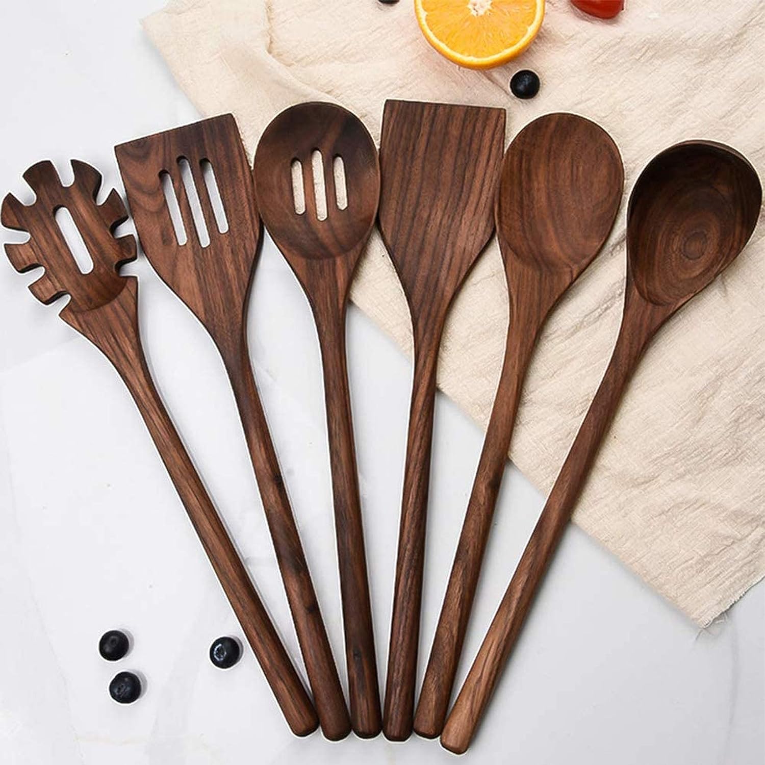 FAMCÜTE Black Walnut Wood Kitchen Utensils Set, Long Handle Spoons and Spatula Set for Cooking, Heat Resistant Non-Stick Cookware(6 PCS)