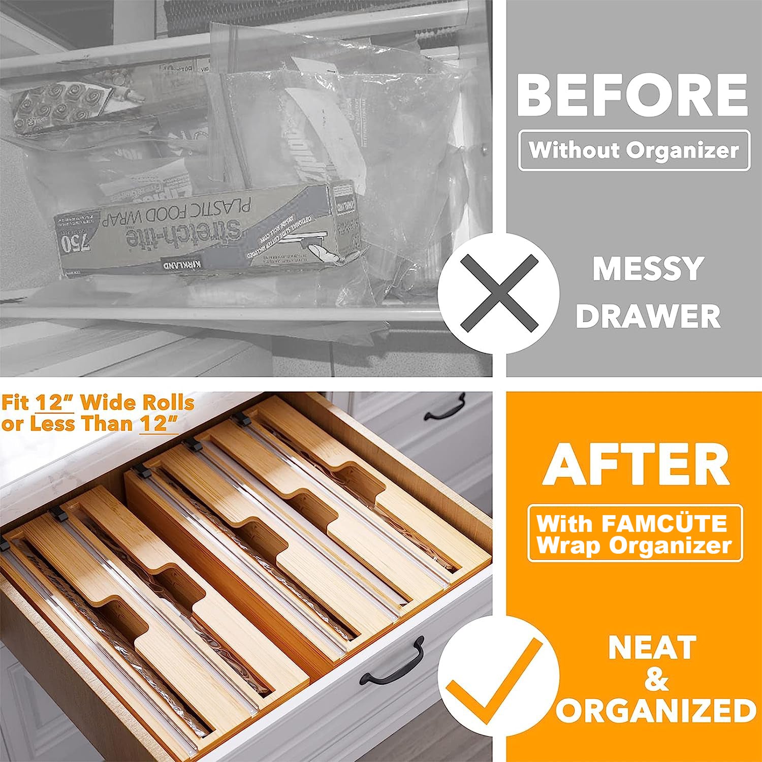 FAMCÜTE WrapNeat 3 in 1 Wrap Organizer with Cutter, Plastic Wrap、Aluminum Foil and Wax Bamboo Dispenser for Kitchen Storage Organization Holder for 12" Roll (Labelable)