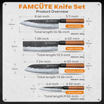 FAMCÜTE Japanese Chef Knife Set, 3 Layer 9CR18MOV Clad Steel w/octagon Handle and Block Wooden Holder for 4Piece Kitchen Knife Set (8” Gyuto Knife, 7” Nakiri Knife, 7” Santoku knife, 5” Utility knife)
