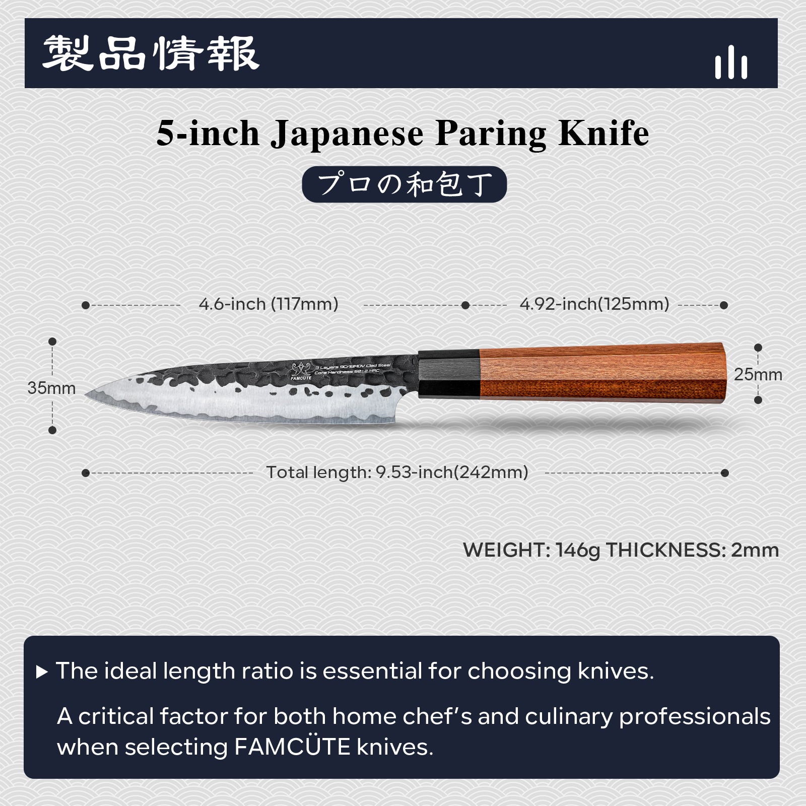 FAMCÜTE 5 inch Utility knife, 3 Layer 9CR18MOV Clad Steel w/octagon Handle Fruit Knife for Carving & Paring