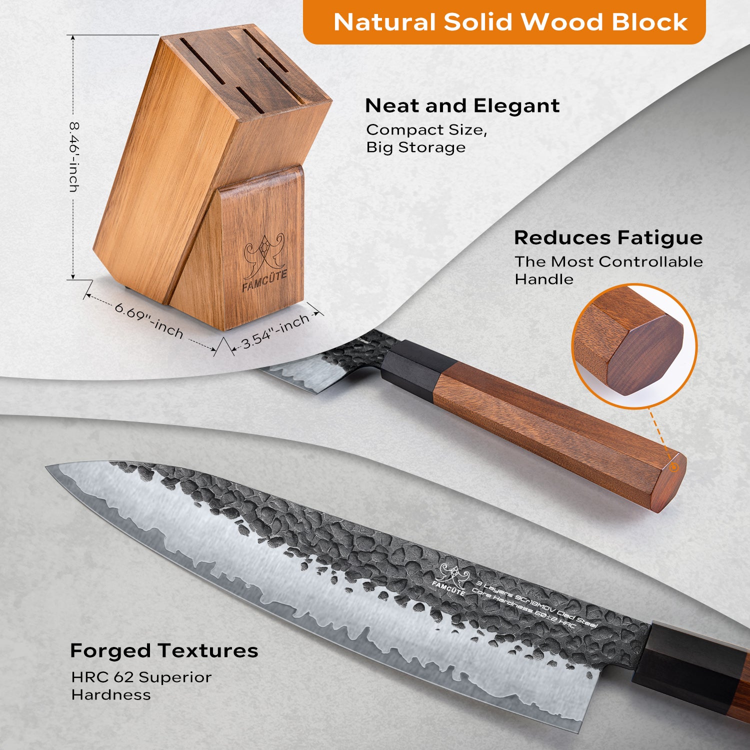 FAMCÜTE Japanese Chef Knife Set, 3 Layer 9CR18MOV Clad Steel w/octagon Handle and Block Wooden Holder for 4Piece Kitchen Knife Set (8” Gyuto Knife, 7” Nakiri Knife, 7” Santoku knife, 5” Utility knife)