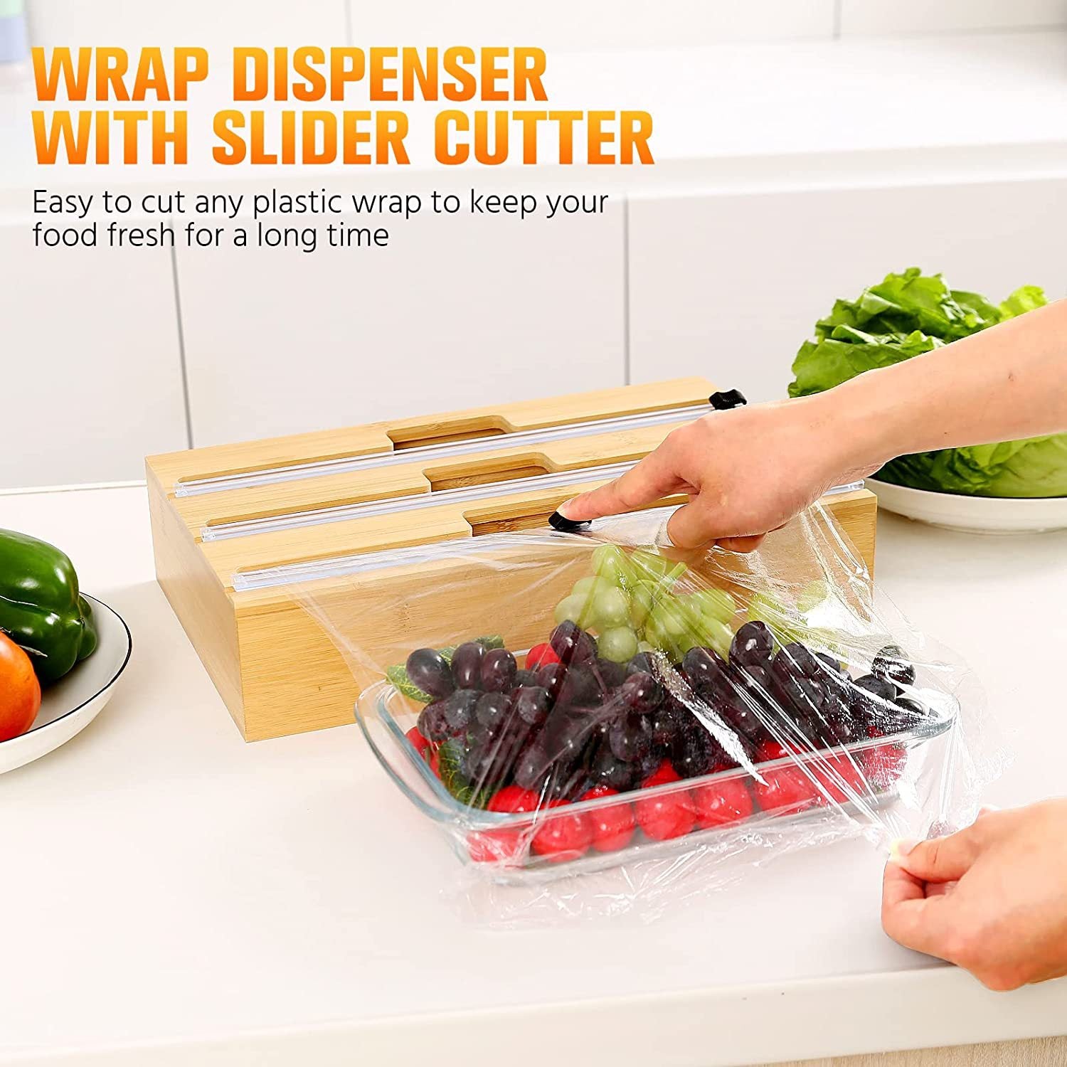 FAMCÜTE WrapNeat 3 in 1 Wrap Organizer with Cutter, Plastic Wrap、Aluminum Foil and Wax Bamboo Dispenser for Kitchen Storage Organization Holder for 12" Roll (Labelable)