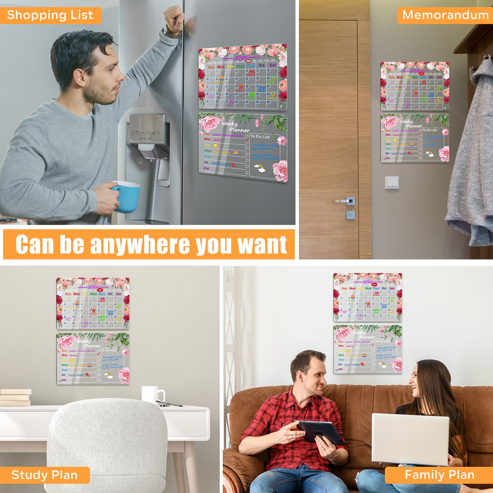 FAMCĂTE 2024 Magnetic Calendar for Fridge/Glass/Door/Wall, 2-Pack 16" x 12" Monthly & Weekly+Memo Acrylic Fridge Calendar Set, Dry Erase Board Planner Set - Home Essentials