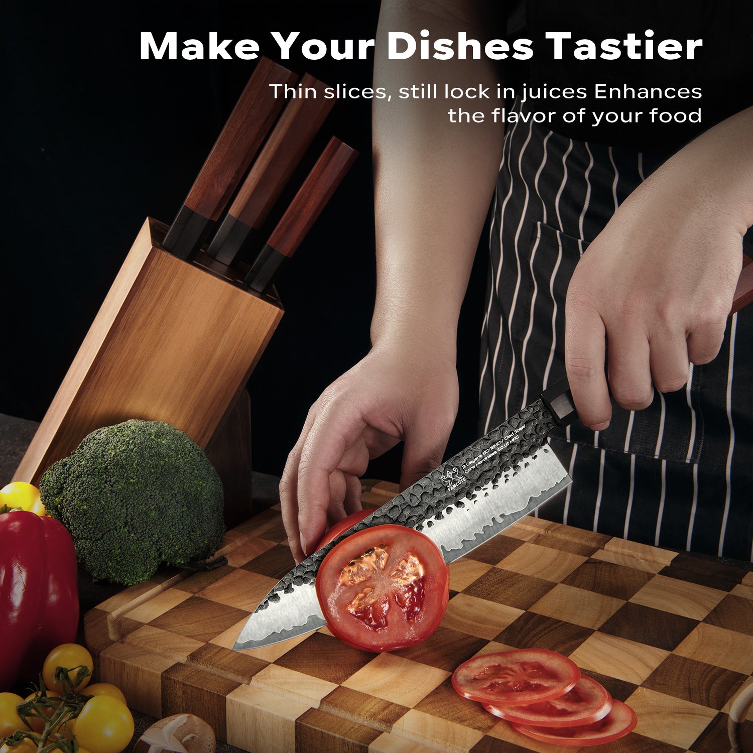 FAMCÜTE Japanese Chef Knife Set, 3 Layer 9CR18MOV Clad Steel w/octagon Handle and Block Wooden Holder for 4Piece Kitchen Knife Set (8” Gyuto Knife, 7” Nakiri Knife, 7” Santoku knife, 5” Utility knife)