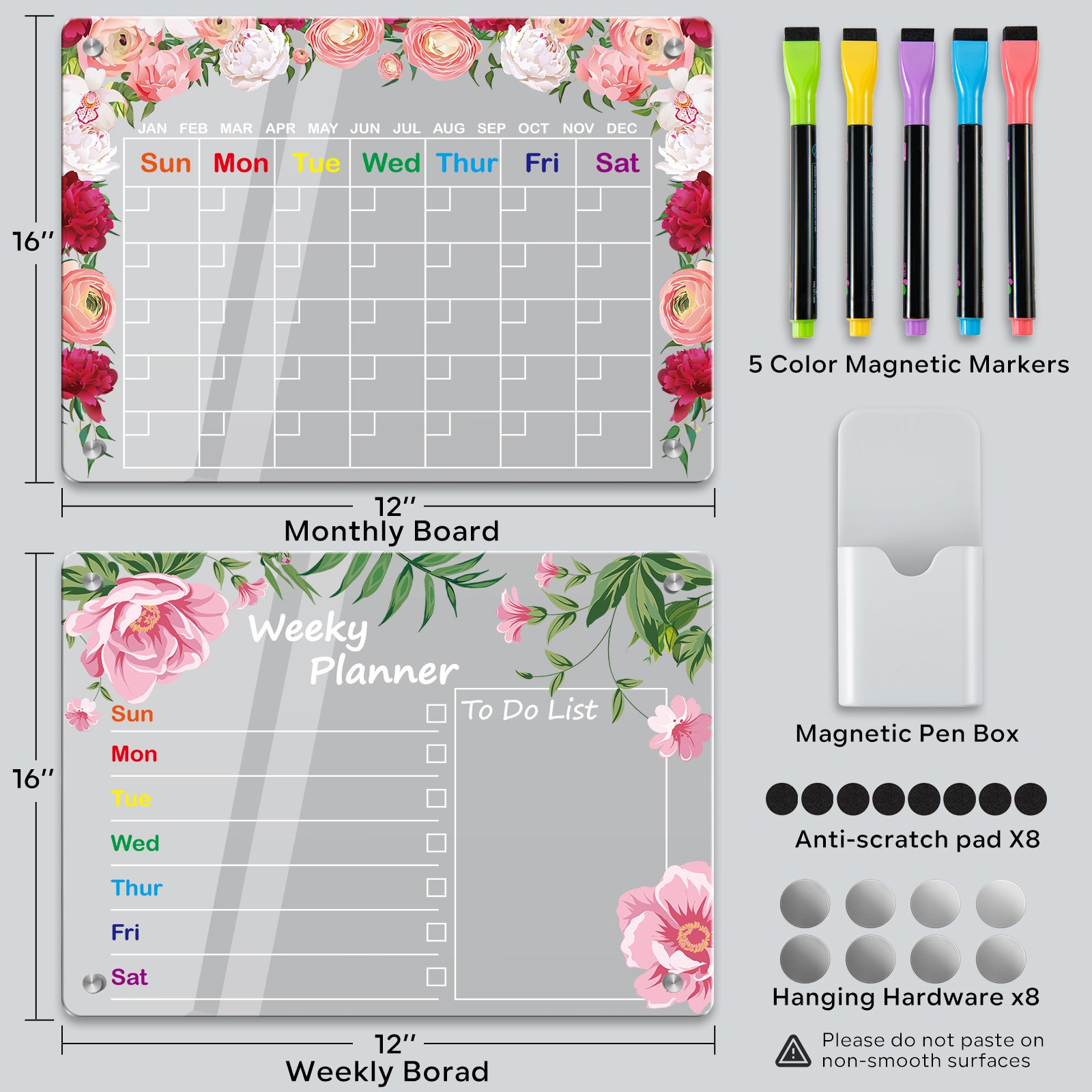 FAMCĂTE 2024 Magnetic Calendar for Fridge/Glass/Door/Wall, 2-Pack 16" x 12" Monthly & Weekly+Memo Acrylic Fridge Calendar Set, Dry Erase Board Planner Set - Home Essentials