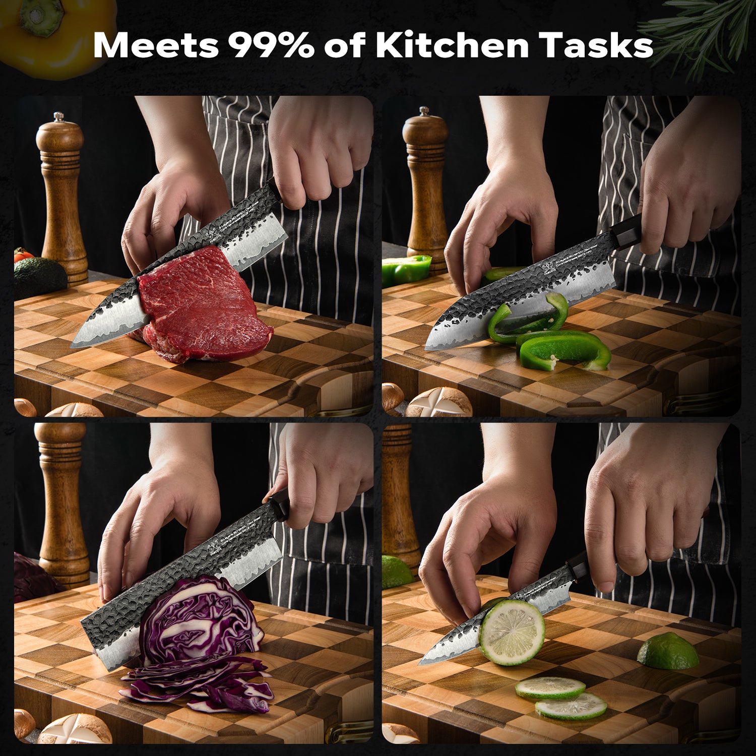 FAMCÜTE Japanese Chef Knife Set, 3 Layer 9CR18MOV Clad Steel w/octagon Handle and Block Wooden Holder for 4Piece Kitchen Knife Set (8” Gyuto Knife, 7” Nakiri Knife, 7” Santoku knife, 5” Utility knife)