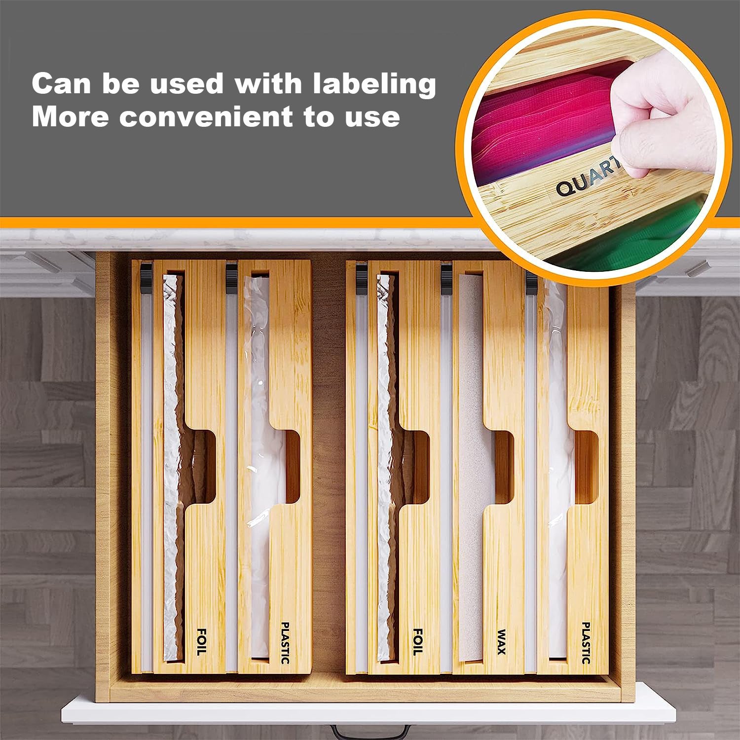 FAMCÜTE WrapNeat 3 in 1 Wrap Organizer with Cutter, Plastic Wrap、Aluminum Foil and Wax Bamboo Dispenser for Kitchen Storage Organization Holder for 12" Roll (Labelable)