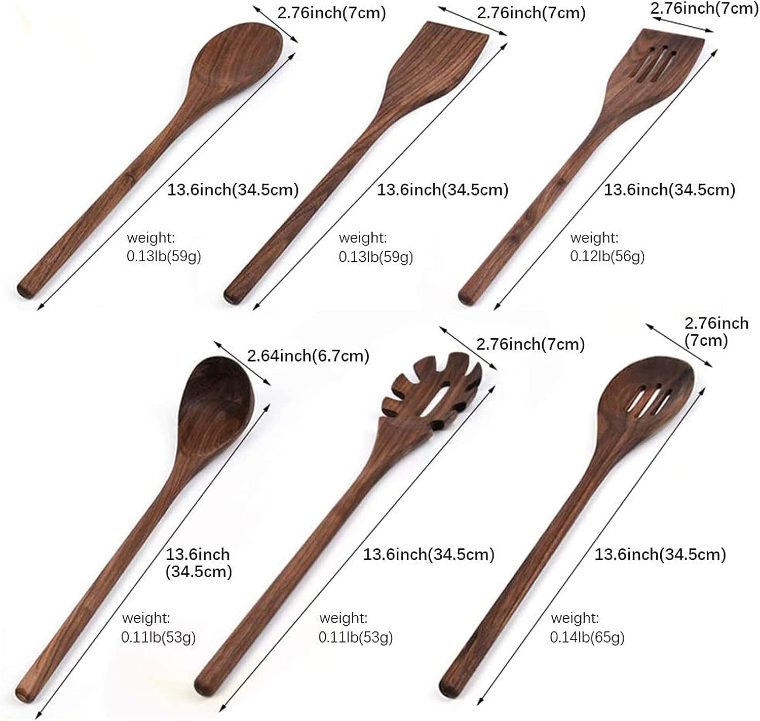 FAMCÜTE Black Walnut Wood Kitchen Utensils Set, Long Handle Spoons and Spatula Set for Cooking, Heat Resistant Non-Stick Cookware(6 PCS)