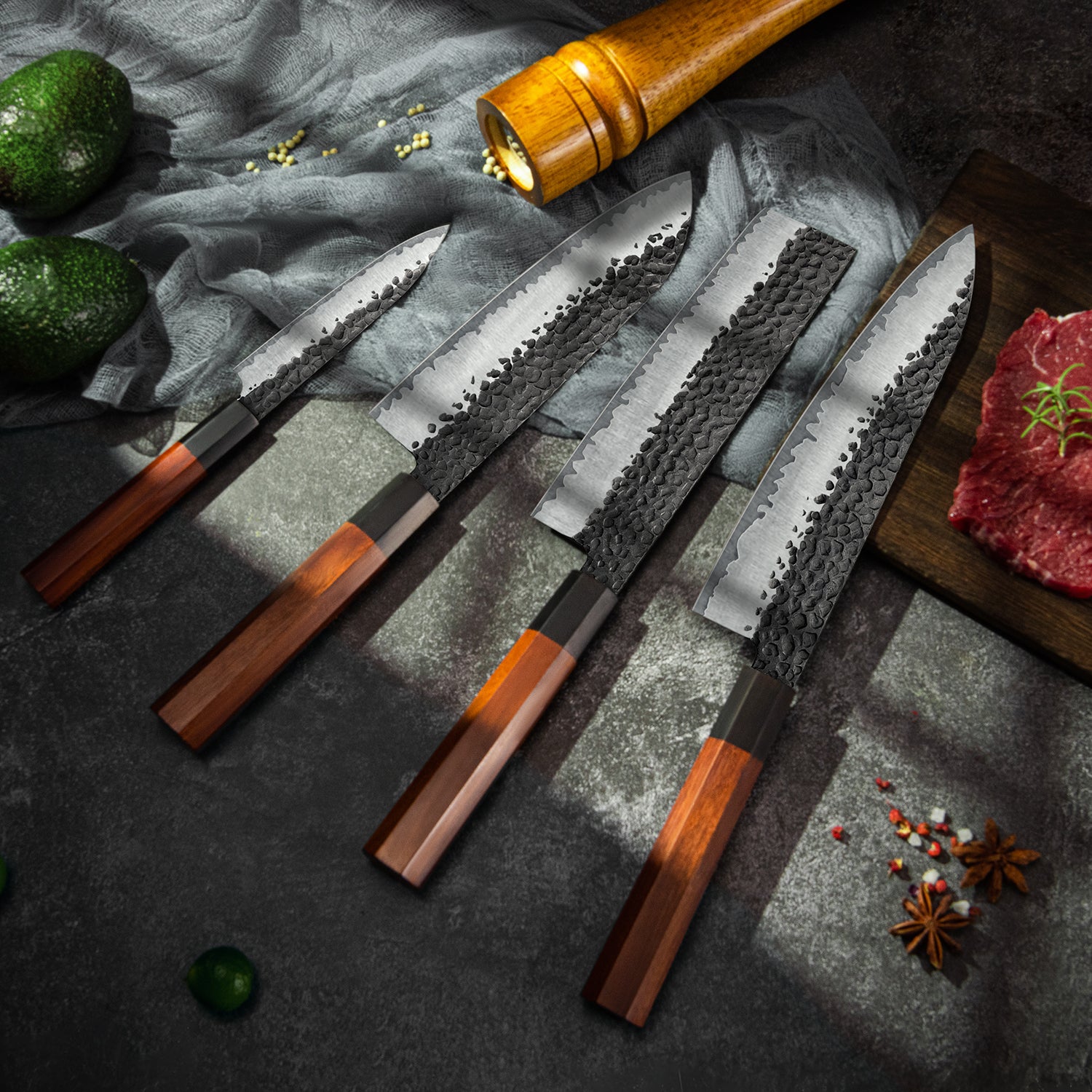 FAMCÜTE Japanese Chef Knife Set, 3 Layer 9CR18MOV Clad Steel w/octagon Handle and Block Wooden Holder for 4Piece Kitchen Knife Set (8” Gyuto Knife, 7” Nakiri Knife, 7” Santoku knife, 5” Utility knife)