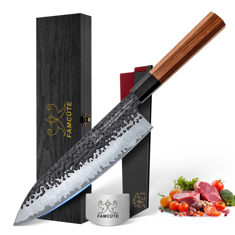 FAMCÜTE 8" Hand-Forged Japanese Chef Knife with Sheath | 5-Layer 9CR18MOV Steel & Rosewood Handle