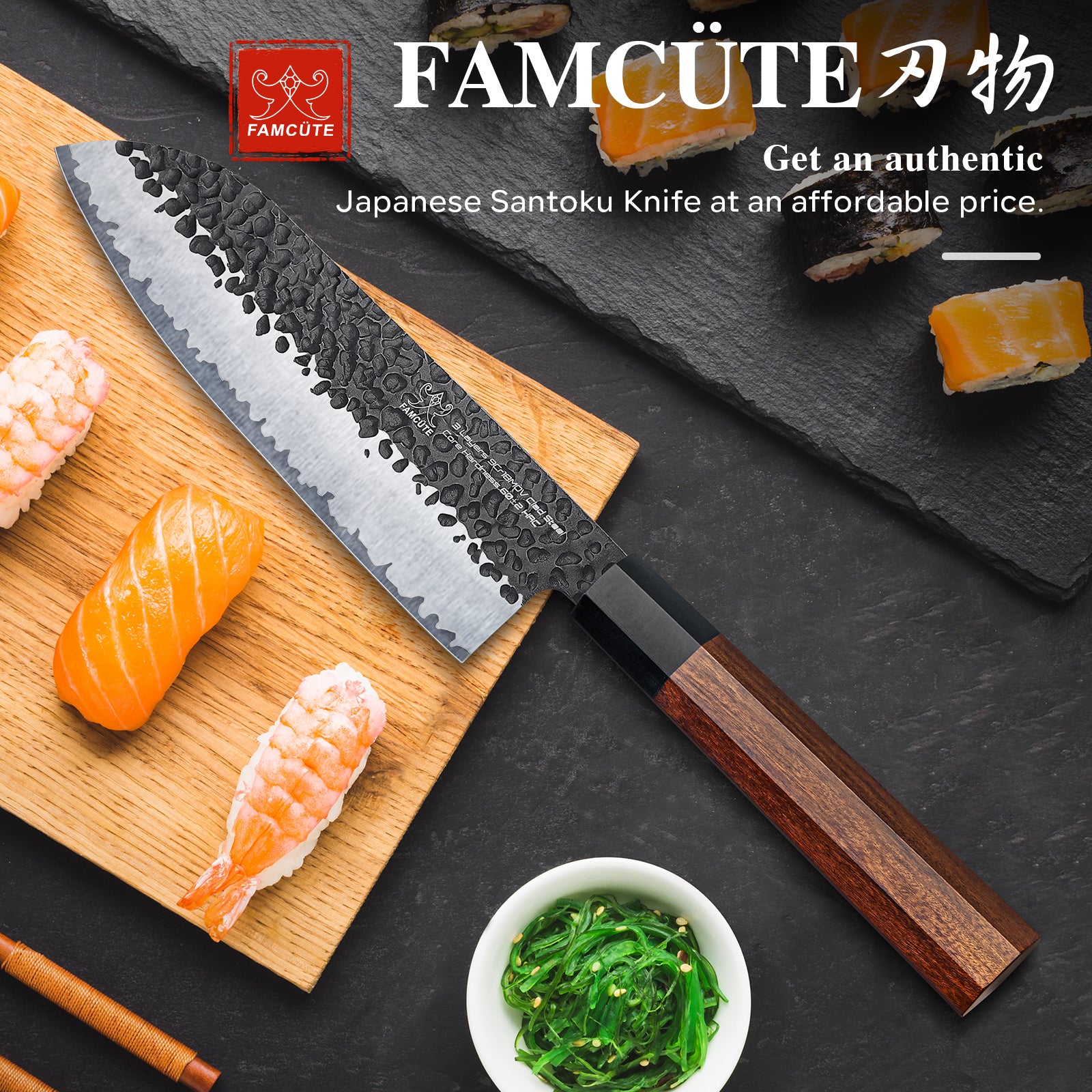 FAMCÜTE 7 inch Santoku knife, 3 Layer 9CR18MOV Clad Steel w/octagon Handle Japanese Chef's Knife for Home Kitchen & Restaurant