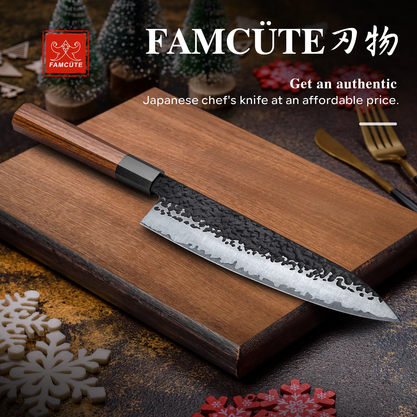 FAMCÜTE 8 Inch Japanese Chef Knife, 3 Layer 9CR18MOV Clad Steel w/octagon Handle Gyuto Sushi Knife for Home Kitchen & Restaurant