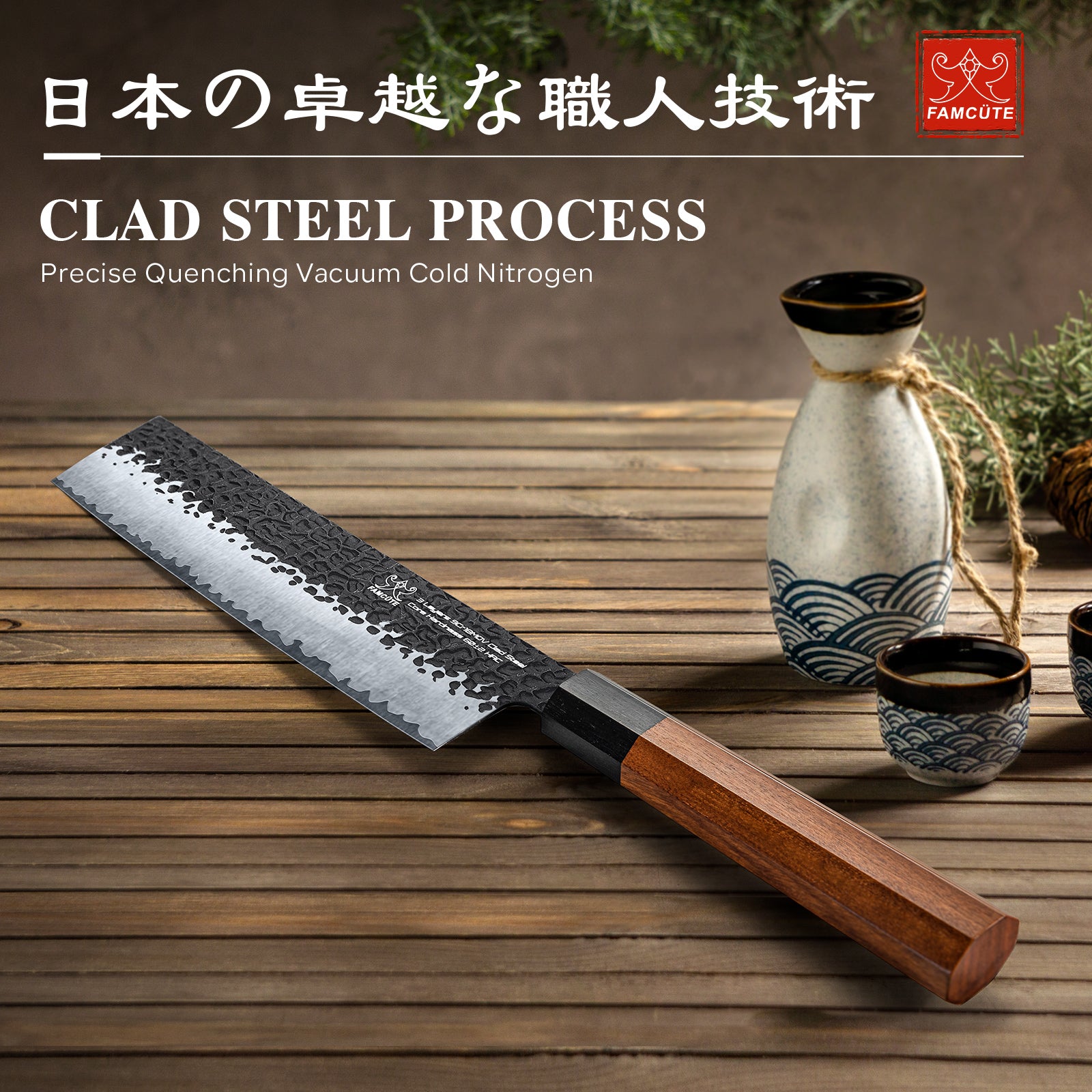 FAMCÜTE 7 inch Nakiri Knife, 3 Layer 9CR18MOV Clad Steel w/octagon Handle Cleaver Knife for Cut Vegetables Cut Meat & Fish Fruits