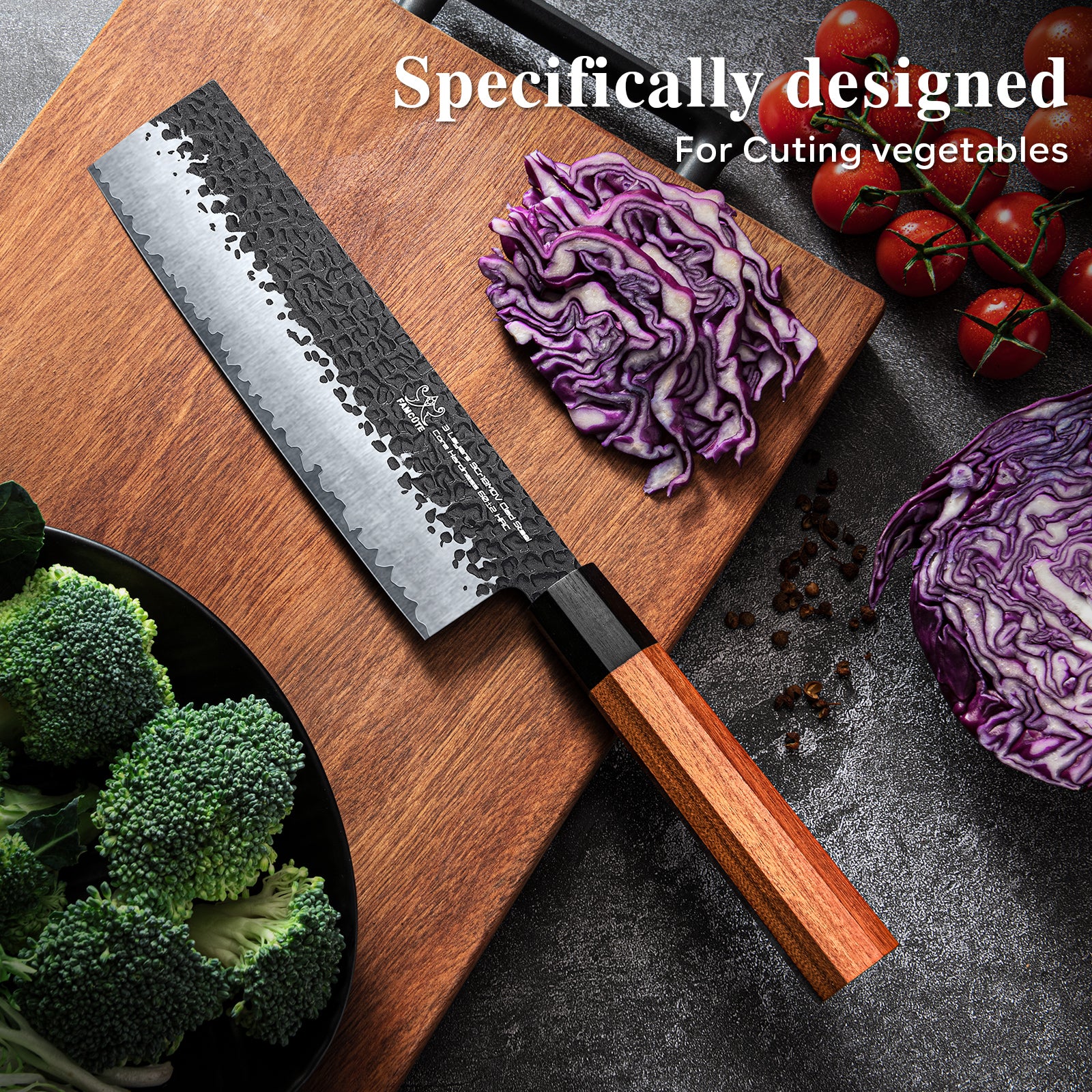 FAMCÜTE 7 inch Nakiri Knife, 3 Layer 9CR18MOV Clad Steel w/octagon Handle Cleaver Knife for Cut Vegetables Cut Meat & Fish Fruits