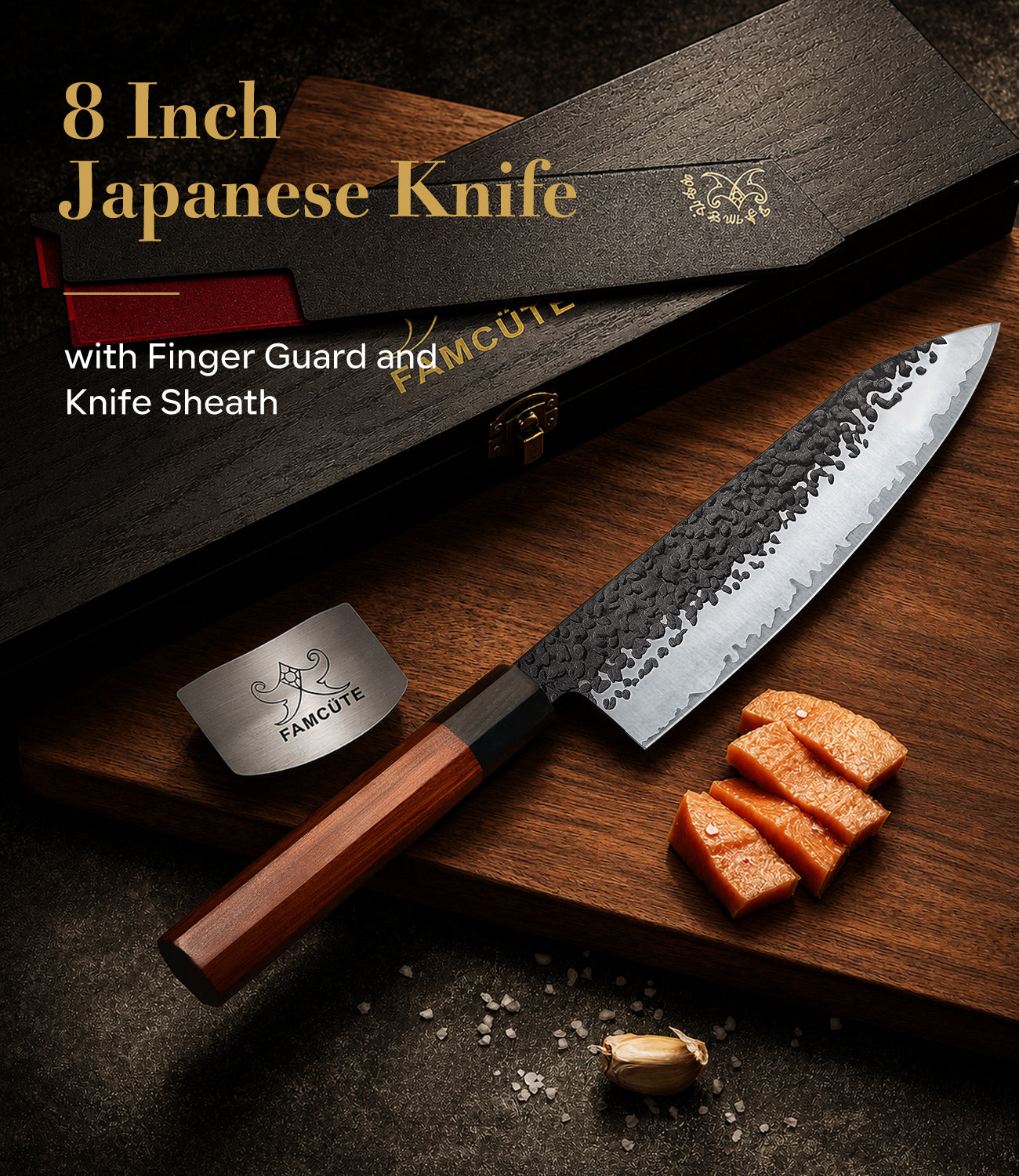 FAMCÜTE 8" Hand-Forged Japanese Chef Knife with Sheath | 5-Layer 9CR18MOV Steel & Rosewood Handle