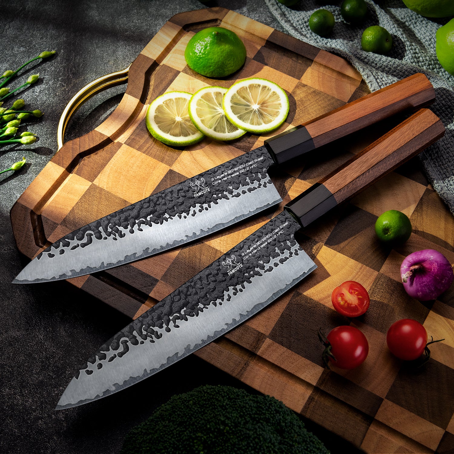 FAMCÜTE 8 Inch Japanese Chef Knife, 3 Layer 9CR18MOV Clad Steel w/octagon Handle Gyuto Sushi Knife for Home Kitchen & Restaurant