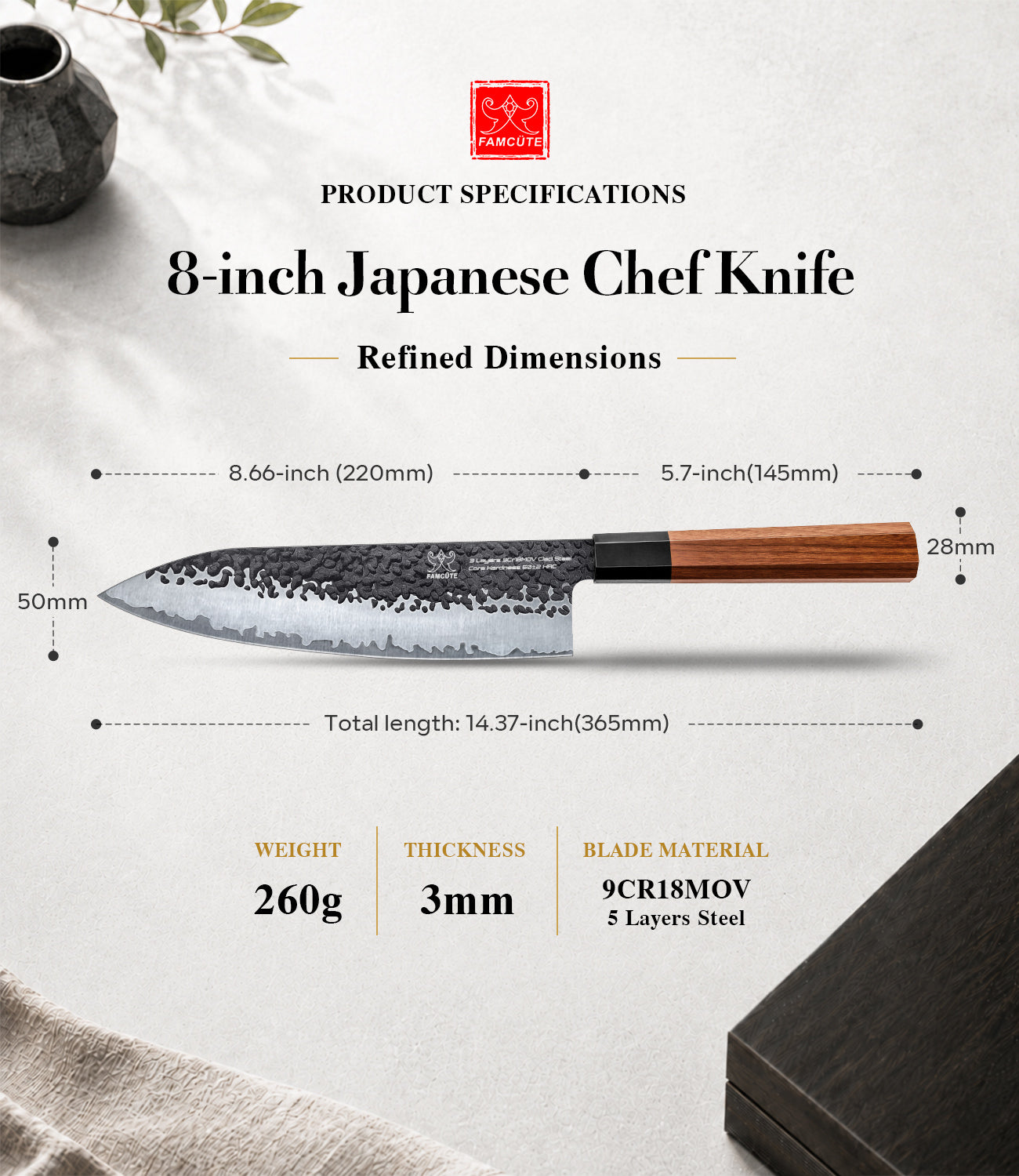 FAMCÜTE 8" Hand-Forged Japanese Chef Knife with Sheath | 5-Layer 9CR18MOV Steel & Rosewood Handle