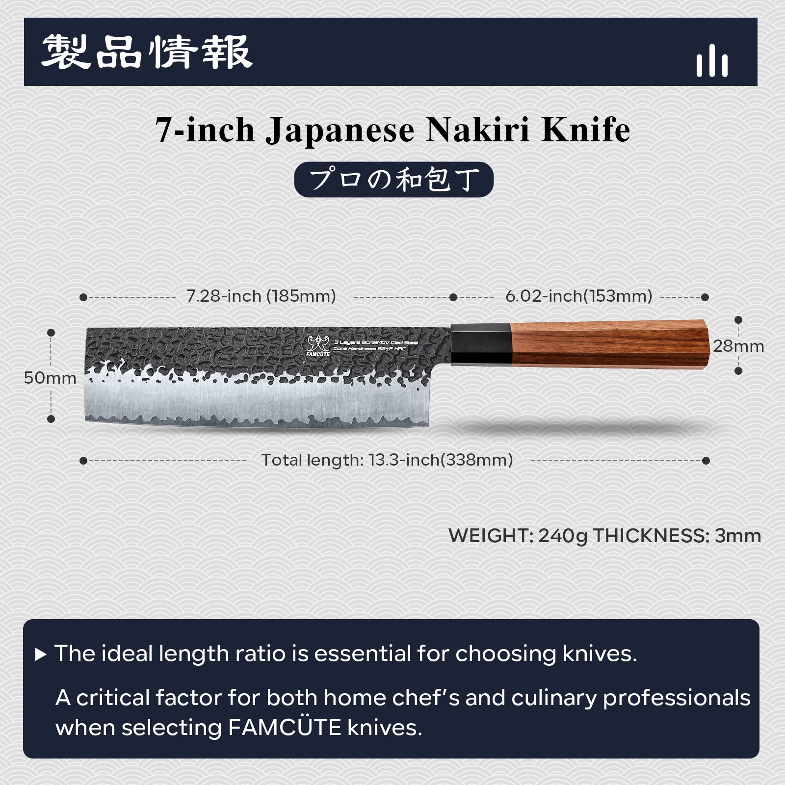 FAMCÜTE 7 inch Nakiri Knife, 3 Layer 9CR18MOV Clad Steel w/octagon Handle Cleaver Knife for Cut Vegetables Cut Meat & Fish Fruits