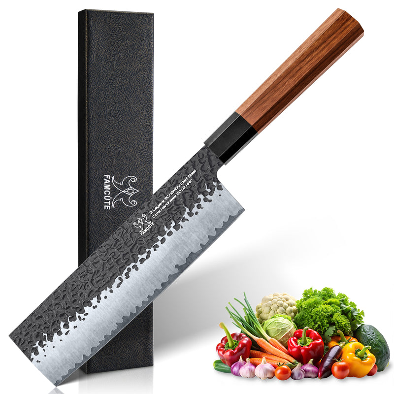 FAMCÜTE 7 inch Nakiri Knife, 3 Layer 9CR18MOV Clad Steel w/octagon Handle Cleaver Knife for Cut Vegetables Cut Meat & Fish Fruits