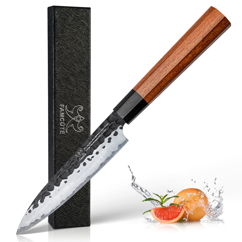 FAMCÜTE 5 inch Utility knife, 3 Layer 9CR18MOV Clad Steel w/octagon Handle Fruit Knife for Carving & Paring