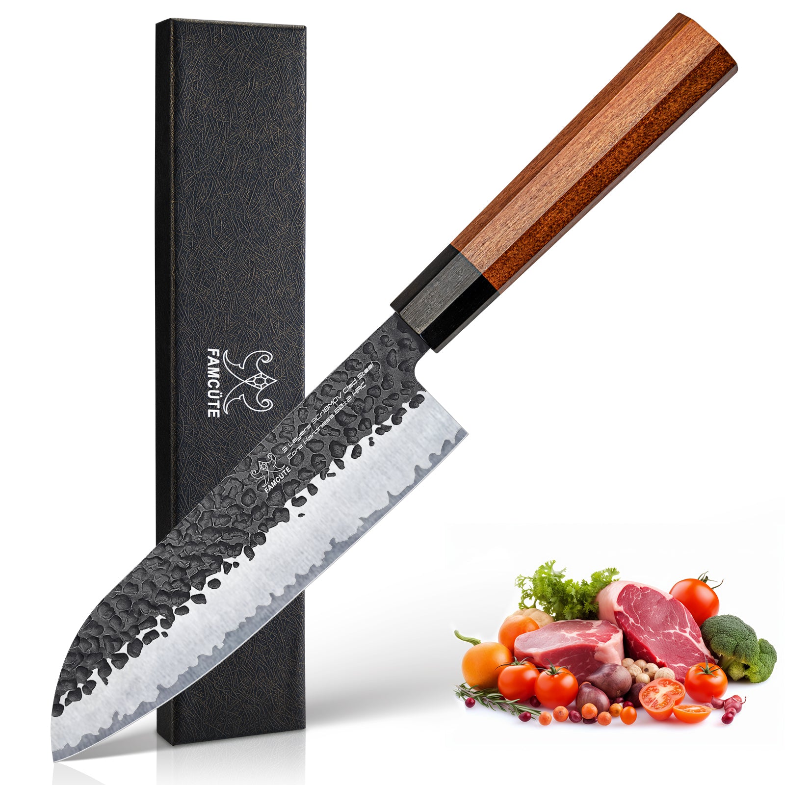 FAMCÜTE 7 inch Santoku knife, 3 Layer 9CR18MOV Clad Steel w/octagon Handle Japanese Chef's Knife for Home Kitchen & Restaurant