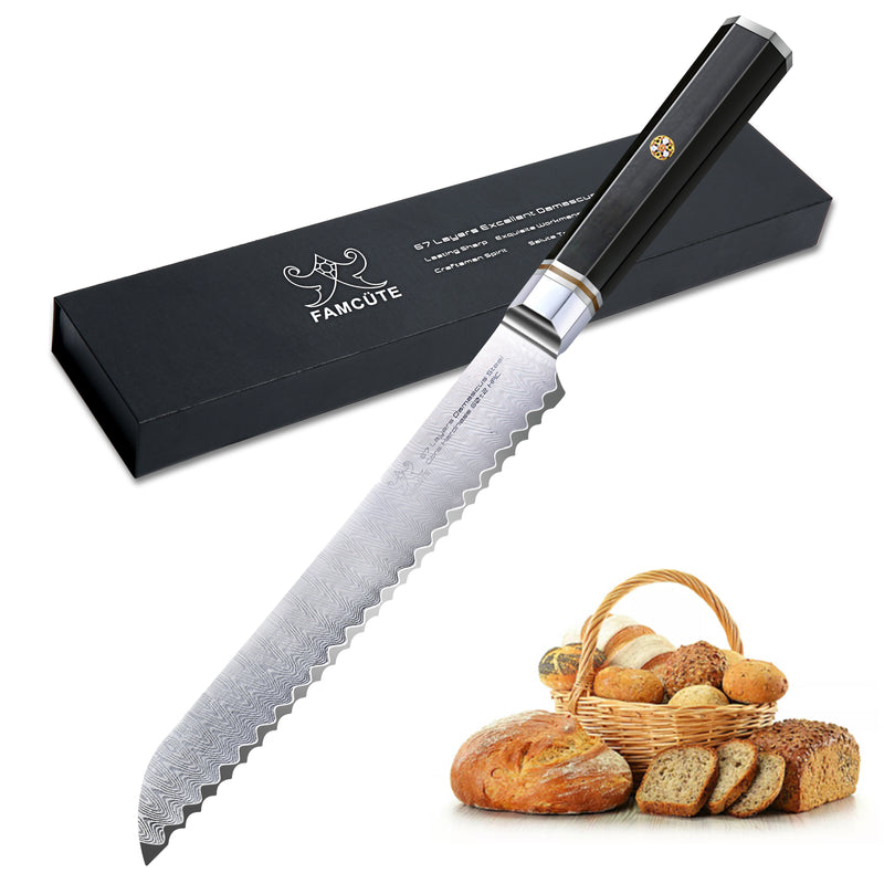 FAMCÜTE 8" Serrated Bread Knife, Made of 67 Layers Damascus w/Octago Indonesian Ebony Handle Professional Cuts Thick Loaves Effortlessly have Razor Sharp and Superb Edge Retention