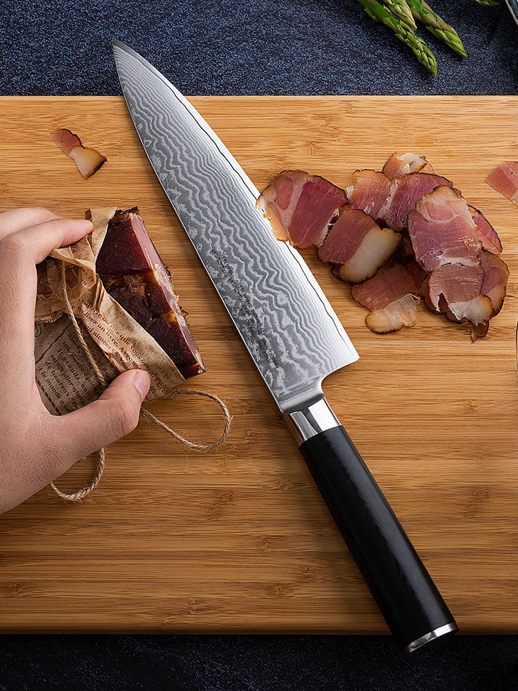 FAMCÜTE Chef Knife 8 Inch Sharp Kitchen Knife Japanese VG-10 Damascus Stainless Steel Chopping Knife with Black G10 Handle Cutting Knife for Cooking Home or Professional Use