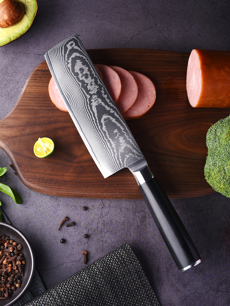 FAMCÜTE Nakiri Knife - 7" - Damascus - Japanese VG10 Super Steel Forged - Black G10 Handle,Ultra Sharp, Useful Kitchen Gadgets for Home and Restaurant