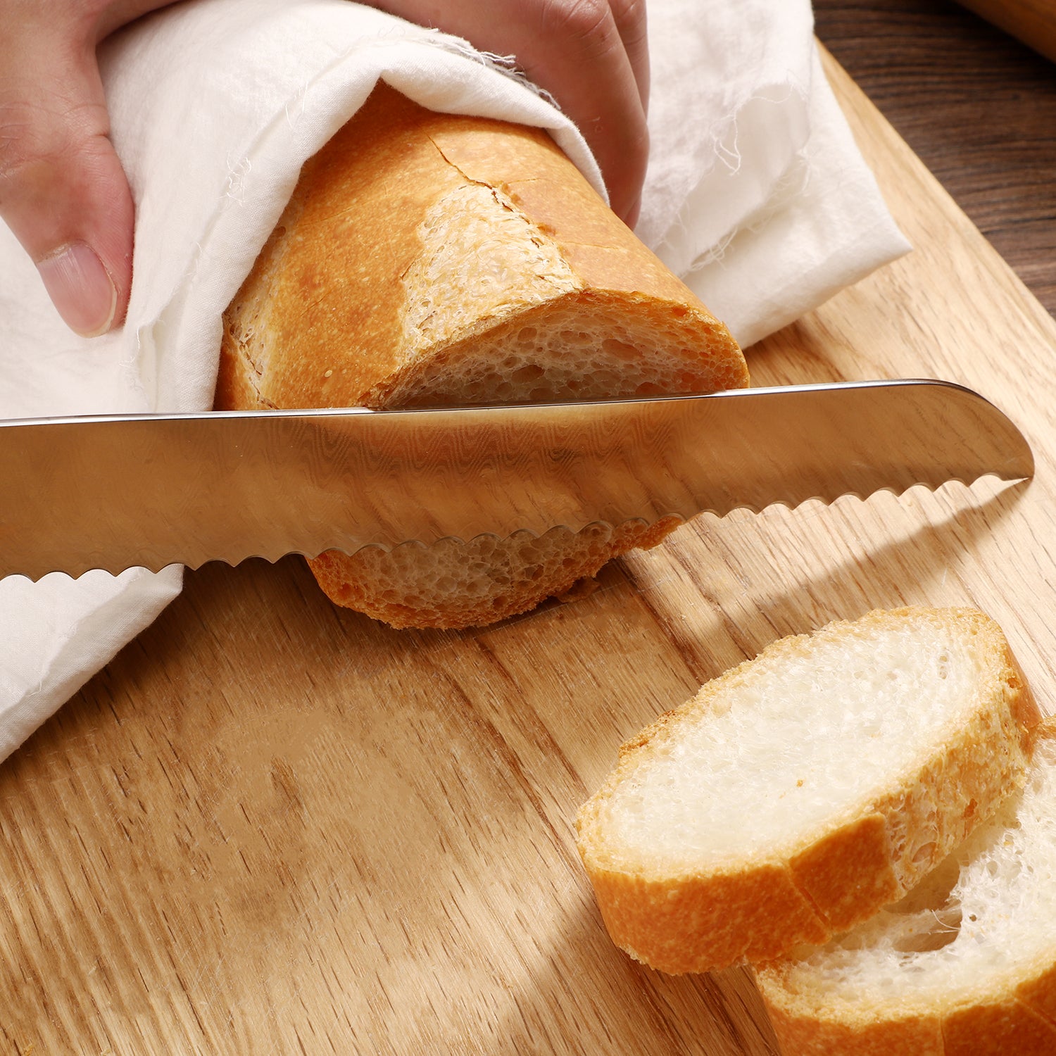 FAMCÜTE 8" Serrated Bread Knife, Made of 67 Layers Damascus w/Octago Indonesian Ebony Handle Professional Cuts Thick Loaves Effortlessly have Razor Sharp and Superb Edge Retention