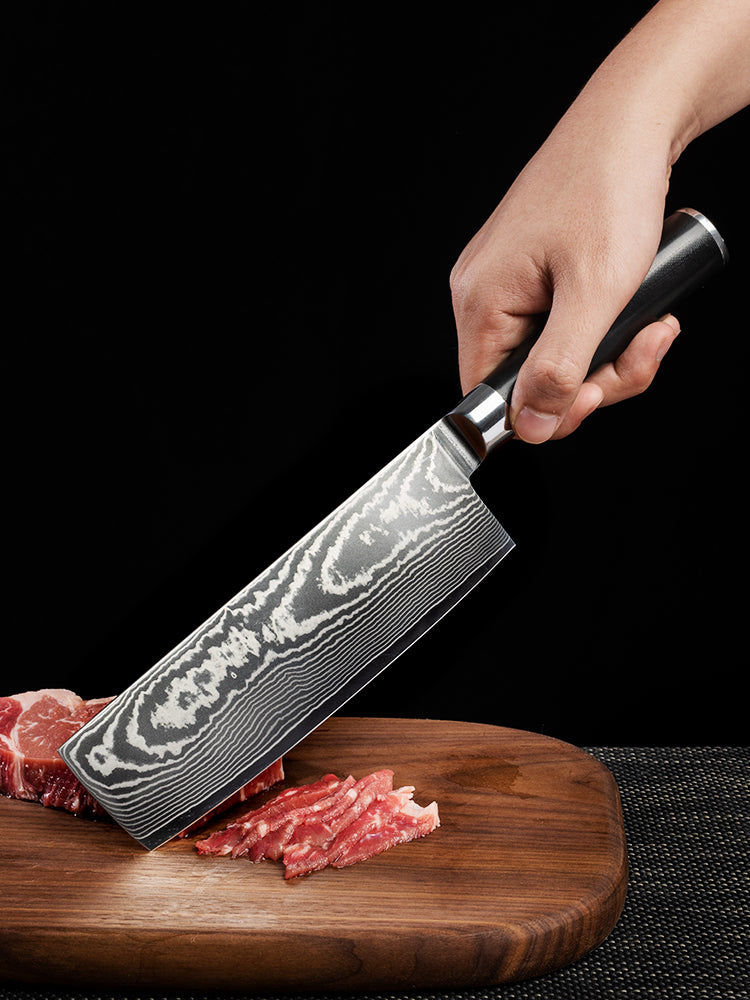 FAMCÜTE Nakiri Knife - 7" - Damascus - Japanese VG10 Super Steel Forged - Black G10 Handle,Ultra Sharp, Useful Kitchen Gadgets for Home and Restaurant
