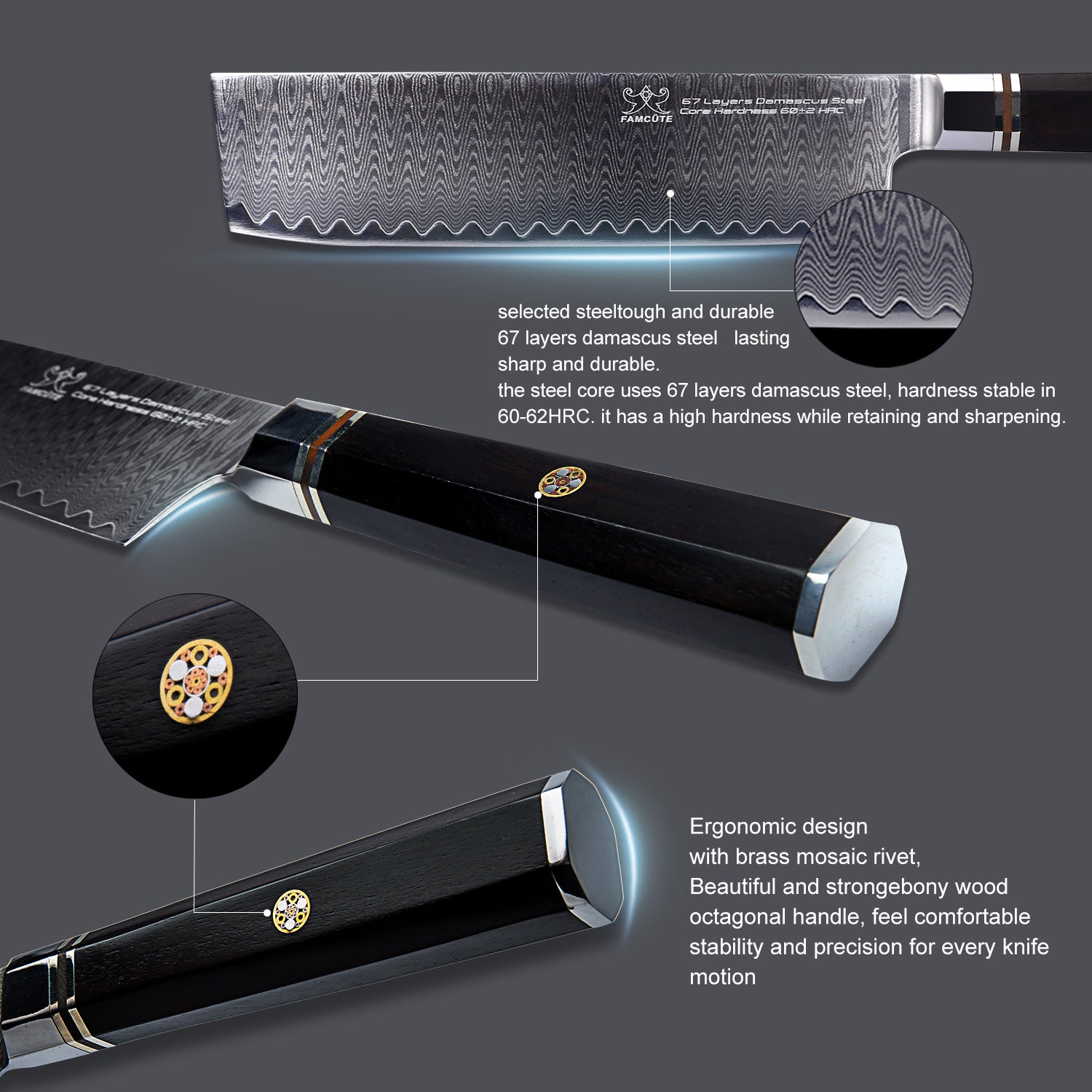 FAMCÜTE 7" Nakiri Knife, Made of 67 Layers Damascus w/Octago Indonesian Ebony Handle Professional kitchen Japanese Cleaver Knife Cut Vegetables have Razor Sharp and Superb Edge Retention