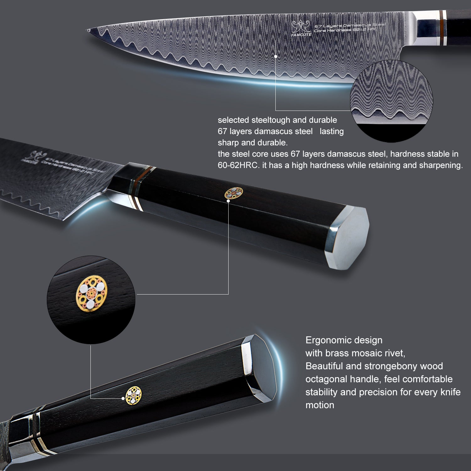 FAMCÜTE 8" Damascus Chef's Knife, Made of 67 Layers Damascus Japanese Gyuto Knife with 1000/6000 2 Side Grit Professional Sharpening Whetstone for Home Kitchen & Restaurant