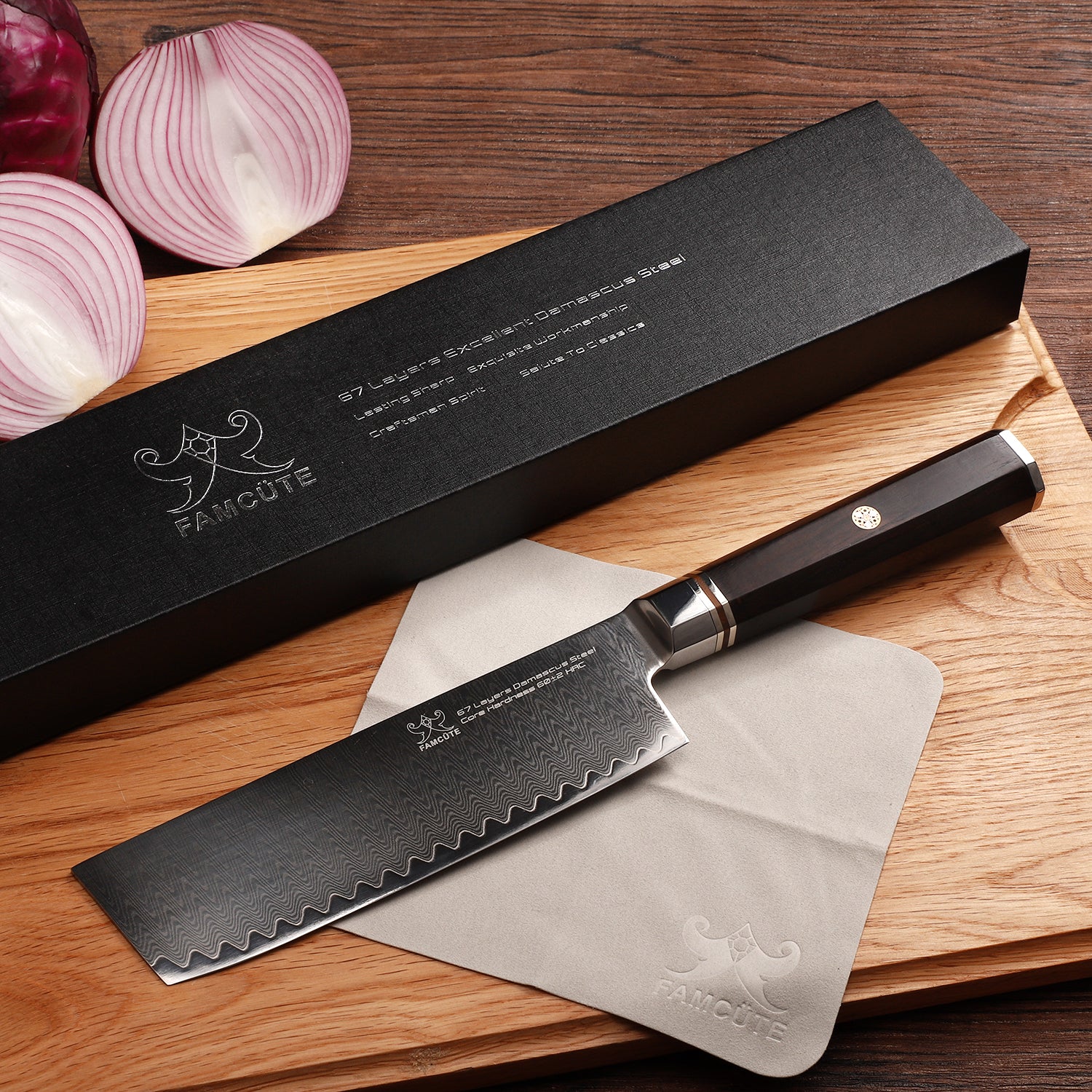 FAMCÜTE 7" Nakiri Knife, Made of 67 Layers Damascus w/Octago Indonesian Ebony Handle Professional kitchen Japanese Cleaver Knife Cut Vegetables have Razor Sharp and Superb Edge Retention