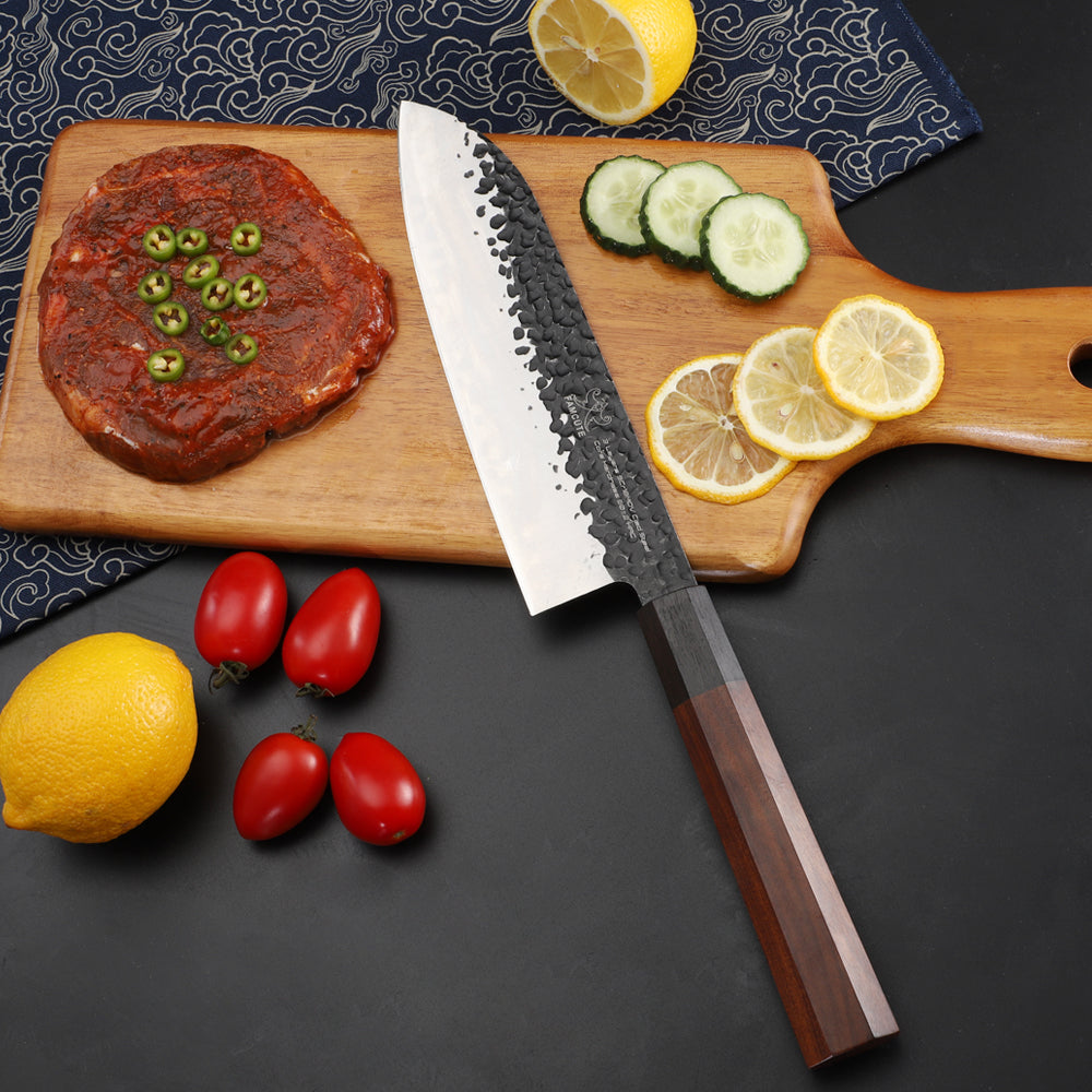 FAMCÜTE 7 inch Santoku knife, Made of 3 layer 9CR18MOV clad steel w/octagon handle Carving Knives with 1000/6000 2 Side Grit Professional Sharpening Whetstone