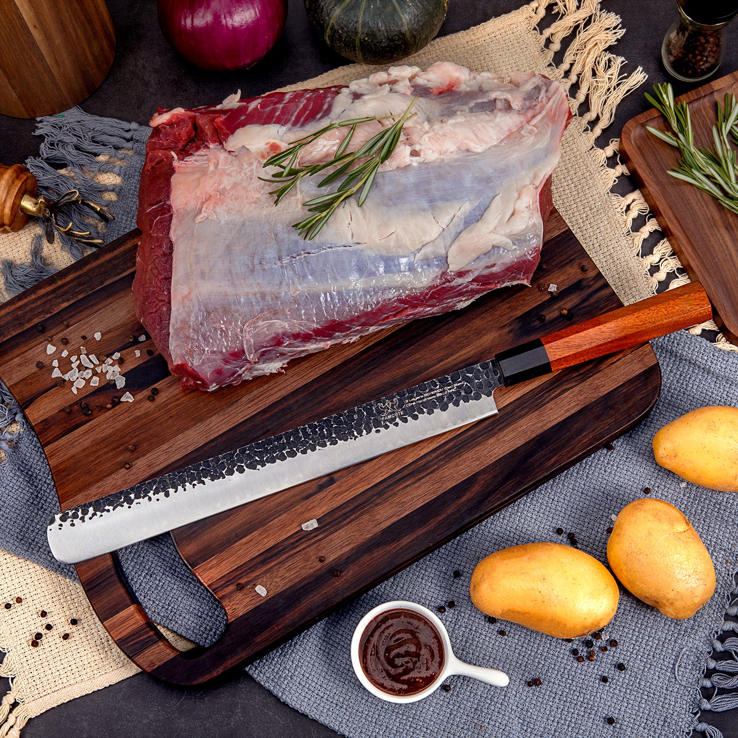 FAMCÜTE 12 Inch Slicing Carving Knife, 3 Layer 9CR18MOV Clad Steel w/octagon Handle brisket knife for Home Kitchen and Restaurant Slicing Brisket Turkey Meat