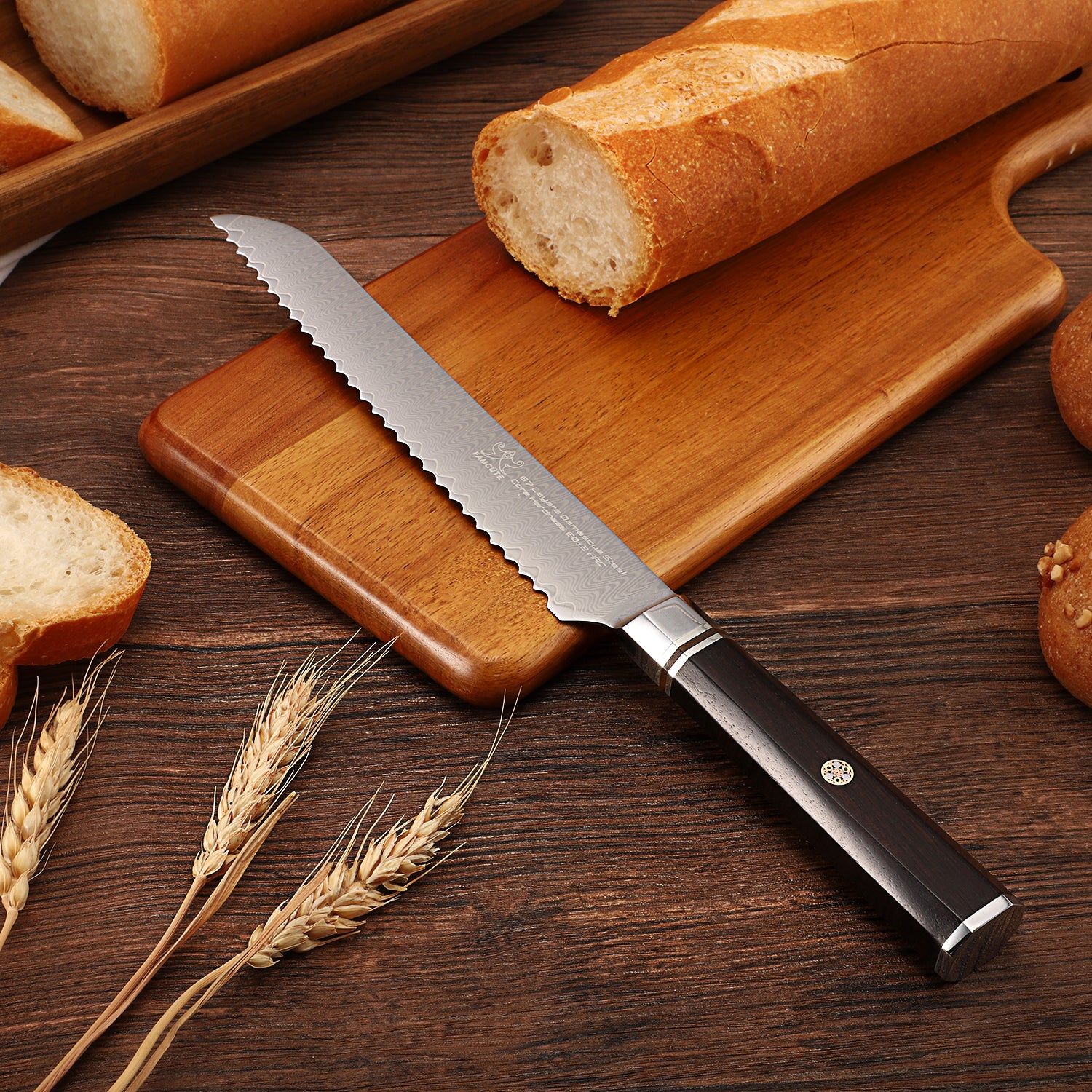 FAMCÜTE 8" Serrated Bread Knife, Made of 67 Layers Damascus w/Octago Indonesian Ebony Handle Professional Cuts Thick Loaves Effortlessly have Razor Sharp and Superb Edge Retention