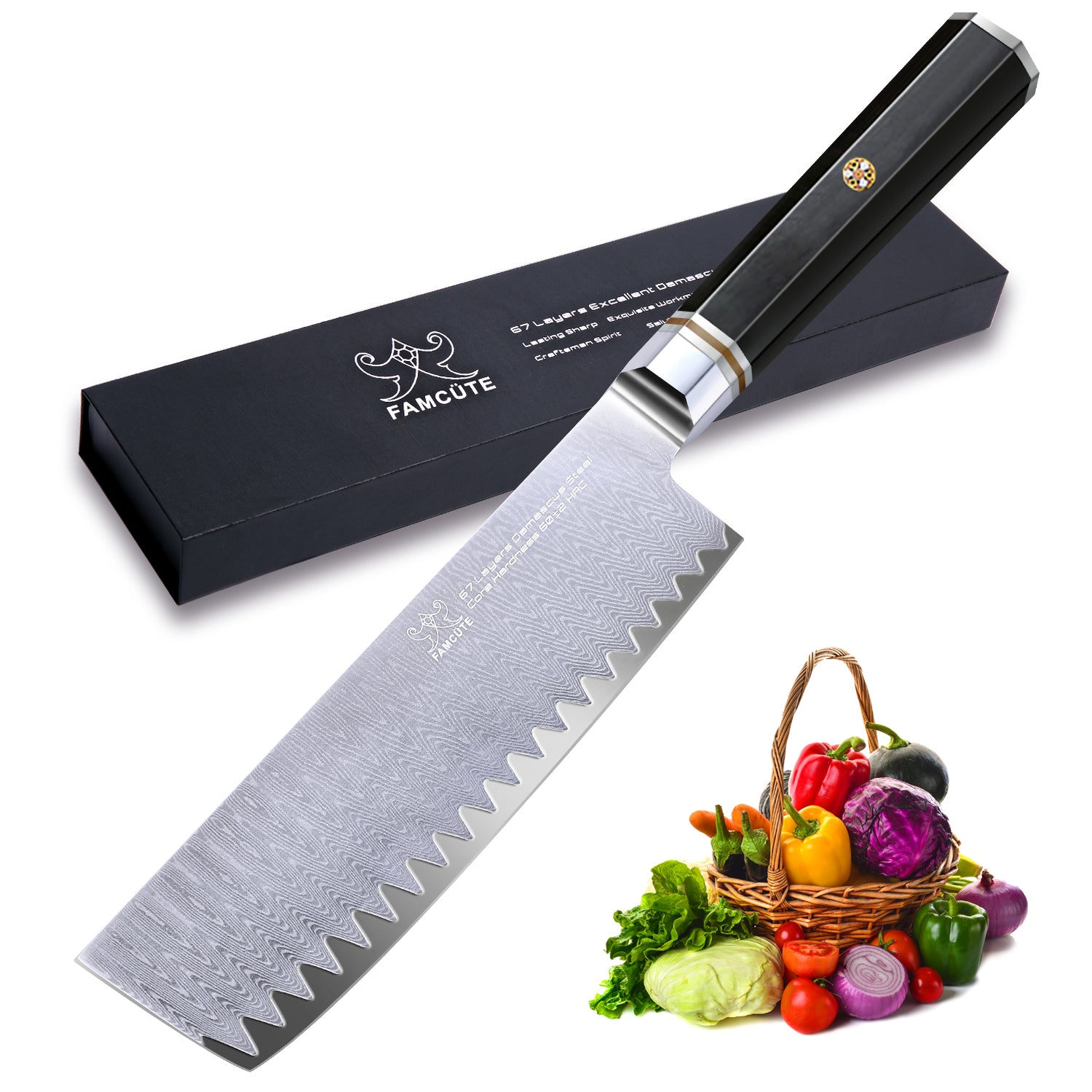 FAMCÜTE 7" Nakiri Knife, Made of 67 Layers Damascus w/Octago Indonesian Ebony Handle Professional kitchen Japanese Cleaver Knife Cut Vegetables have Razor Sharp and Superb Edge Retention