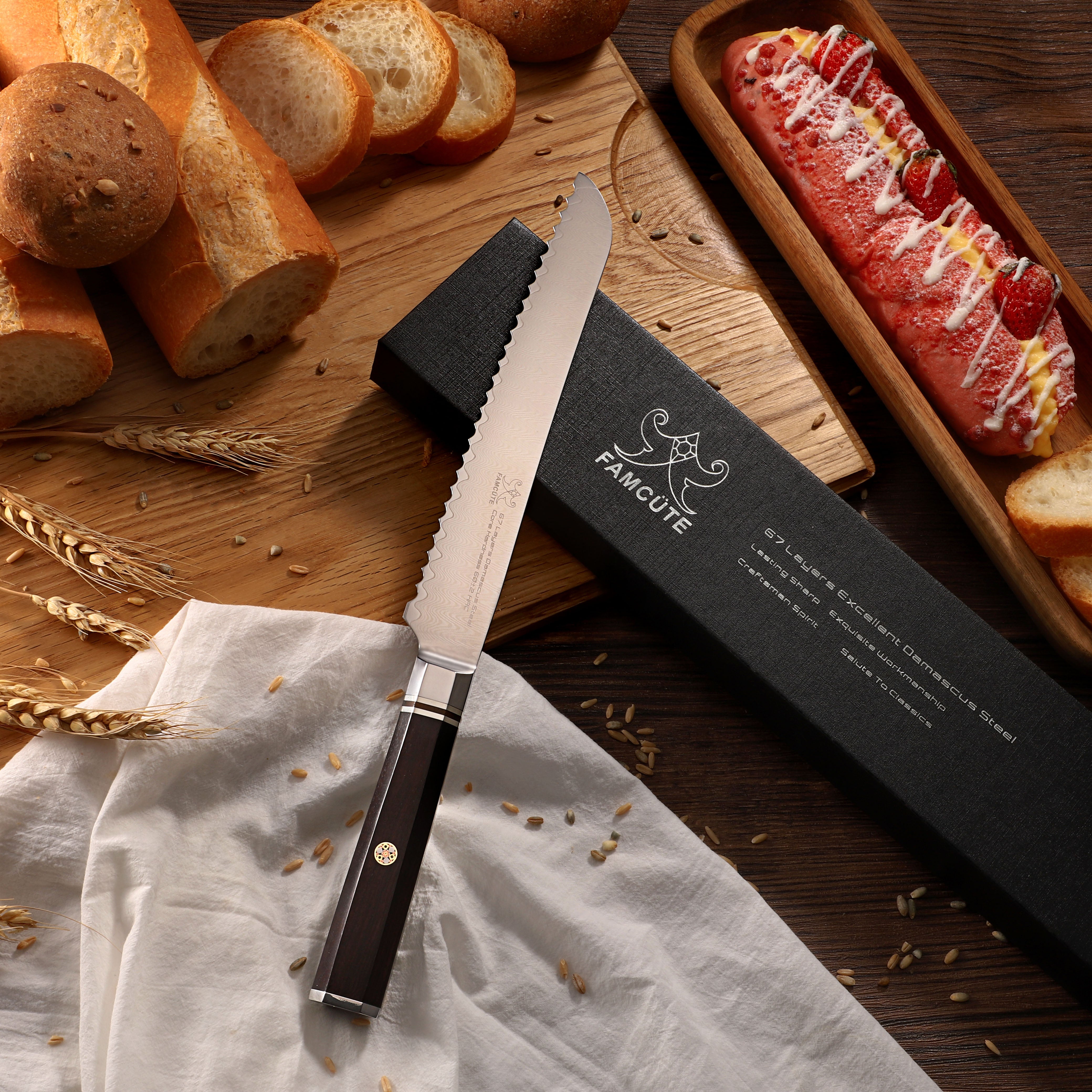 FAMCÜTE 8" Serrated Bread Knife, Made of 67 Layers Damascus w/Octago Indonesian Ebony Handle Professional Cuts Thick Loaves Effortlessly have Razor Sharp and Superb Edge Retention