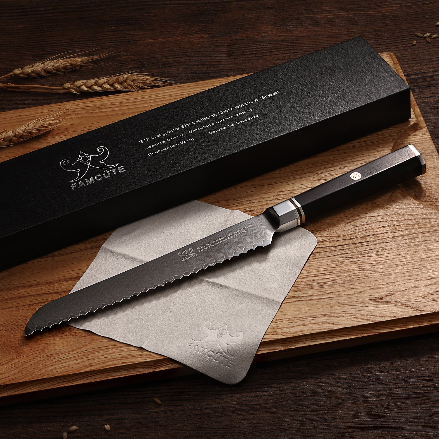 FAMCÜTE 8" Serrated Bread Knife, Made of 67 Layers Damascus w/Octago Indonesian Ebony Handle Professional Cuts Thick Loaves Effortlessly have Razor Sharp and Superb Edge Retention