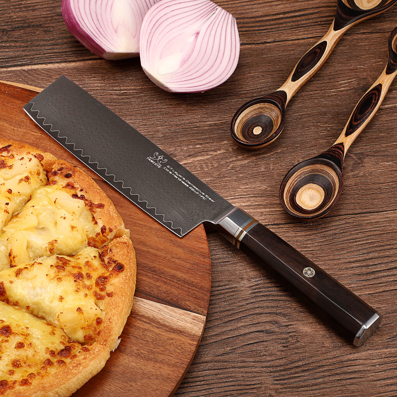 FAMCÜTE 7" Nakiri Knife, Made of 67 Layers Damascus w/Octago Indonesian Ebony Handle Professional kitchen Japanese Cleaver Knife Cut Vegetables have Razor Sharp and Superb Edge Retention