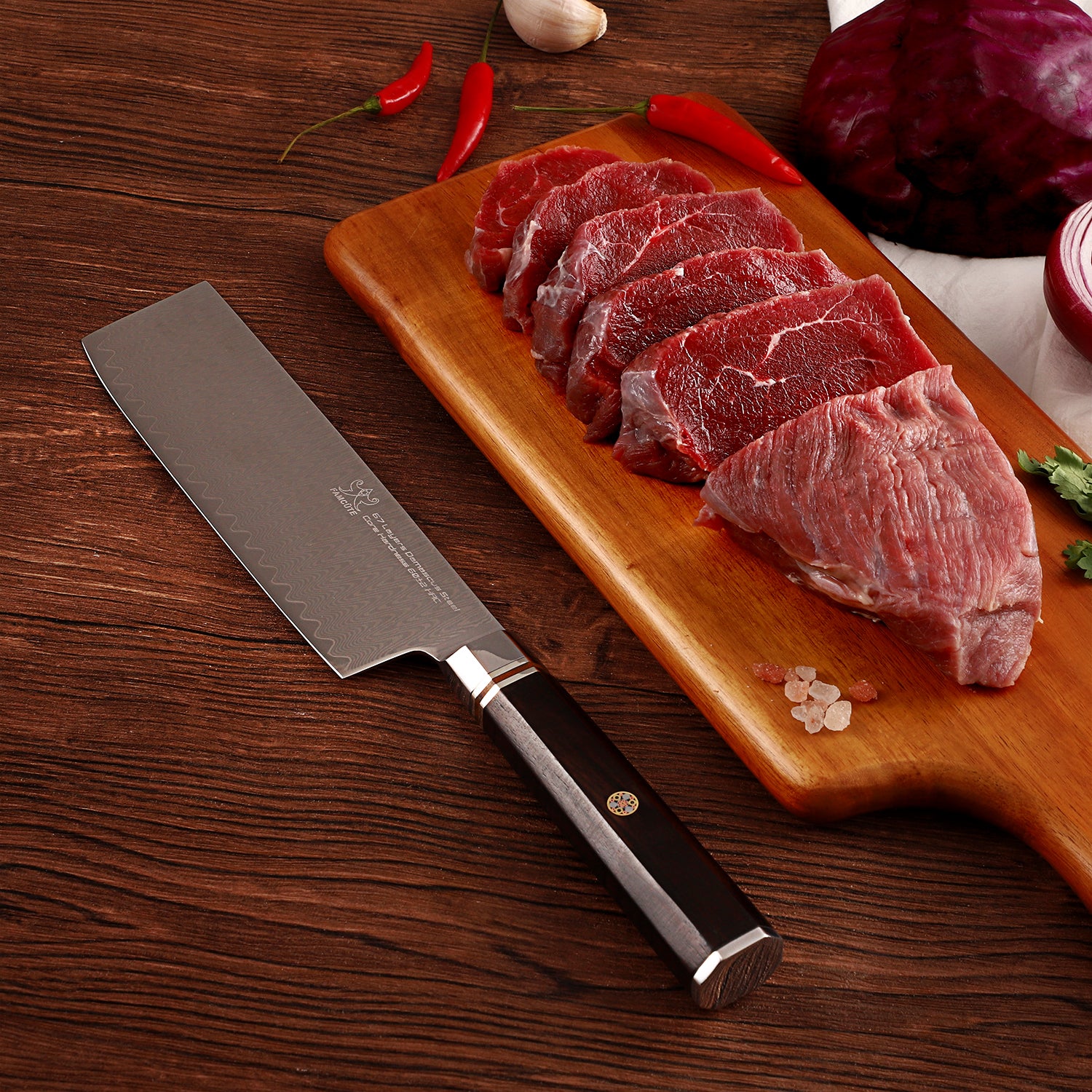 FAMCÜTE 7" Nakiri Knife, Made of 67 Layers Damascus w/Octago Indonesian Ebony Handle Professional kitchen Japanese Cleaver Knife Cut Vegetables have Razor Sharp and Superb Edge Retention