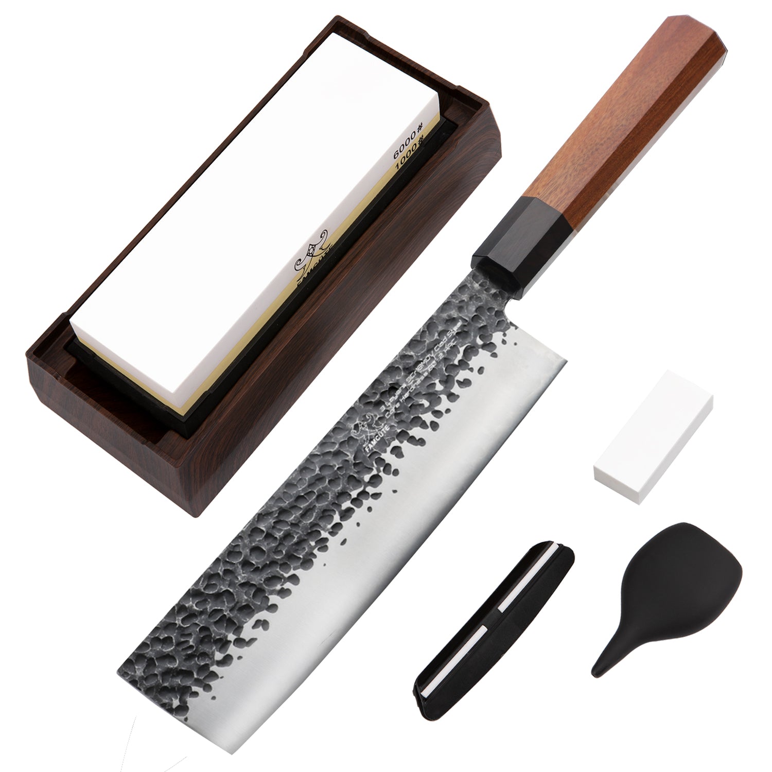 FAMCÜTE 7 inch Professional Japanese Nakiri Knife, Made of 3 layer 9CR18MOV clad steel w/octagon handle Vegetables Knife with 1000/6000 2 Side Grit Professional Sharpening Whetstone