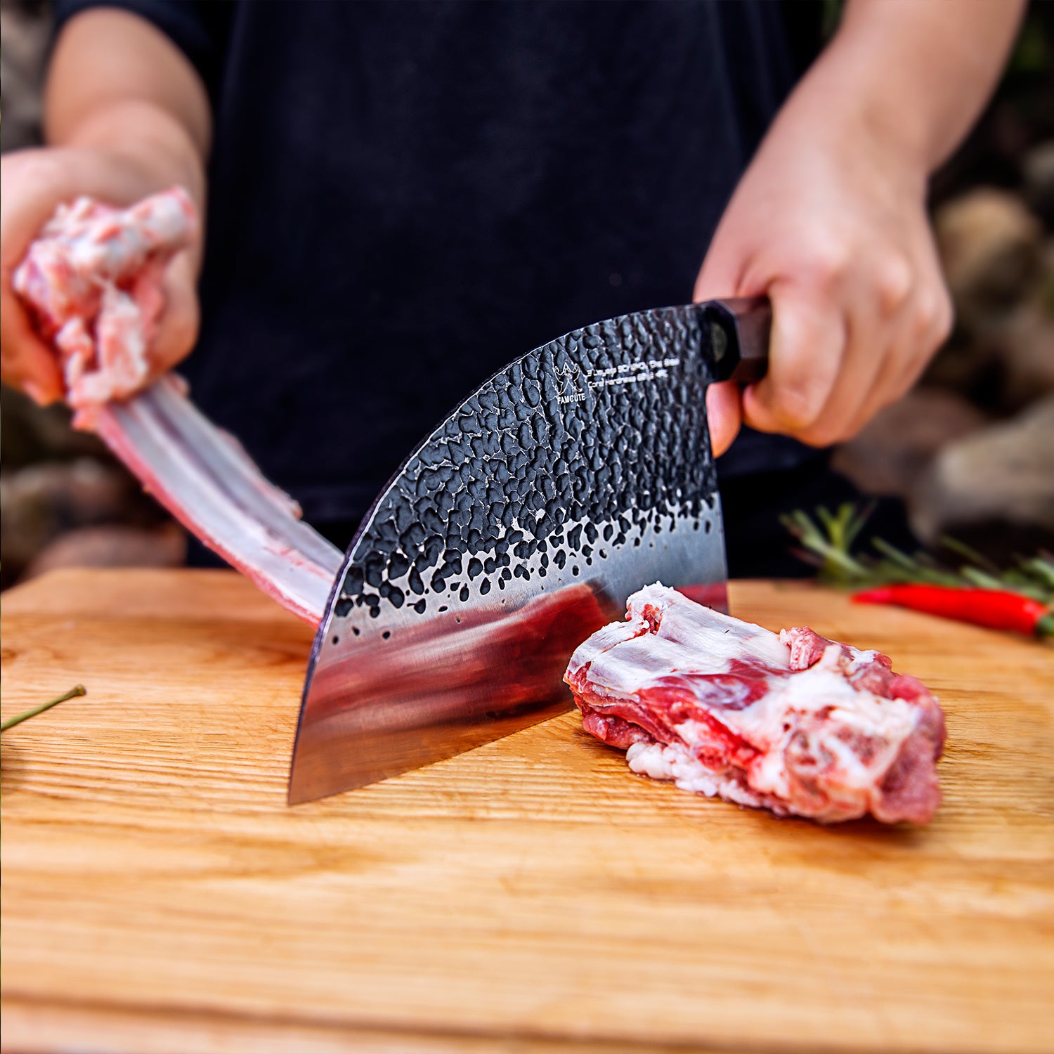 FAMCÜTE 6.5 inch Butcher Knife, 3 Layer 9CR18MOV Clad Steel w/octagon Handle Serbian Meat Cleaver Knife with Leather Knife Sheath