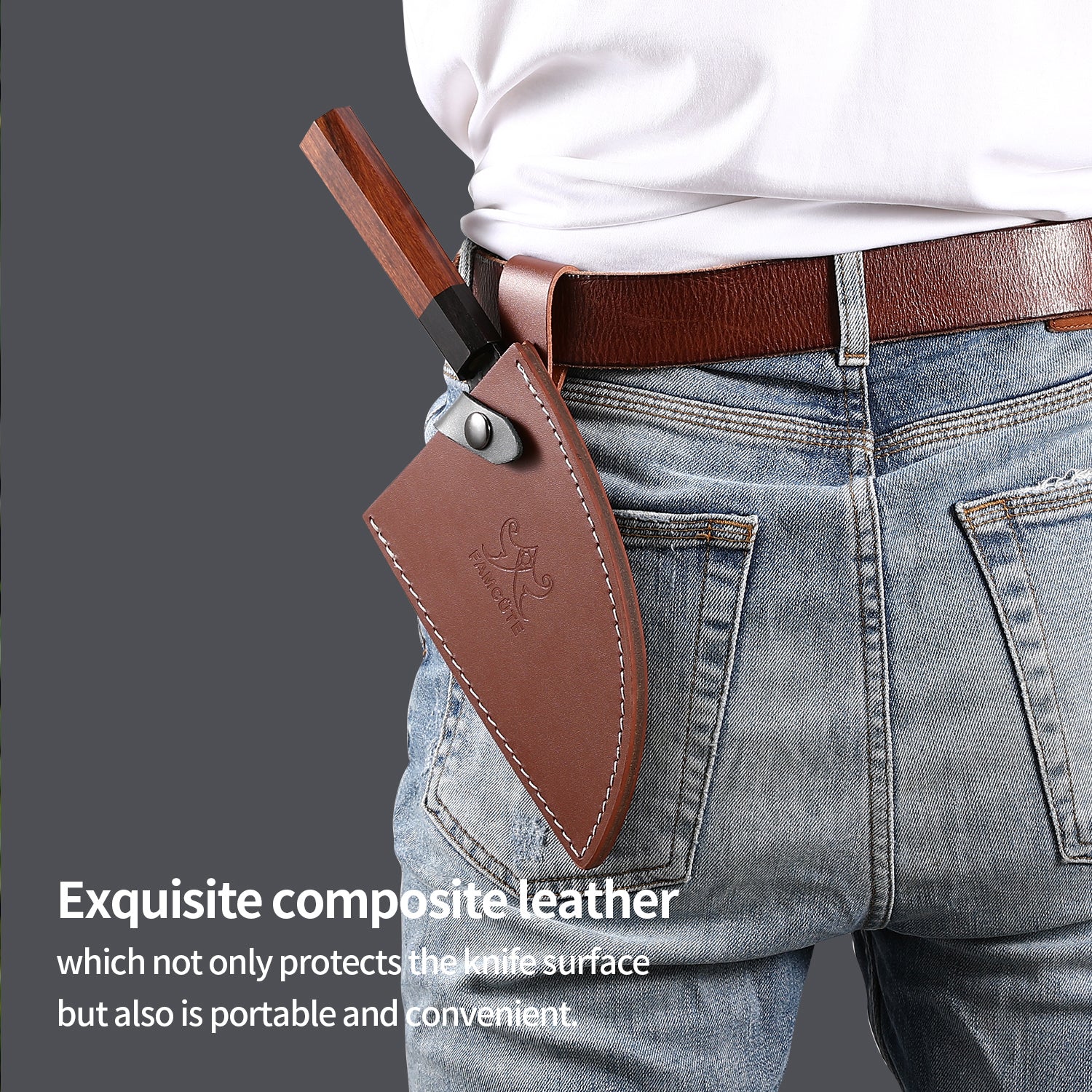 FAMCÜTE 6.5 inch Butcher Knife, 3 Layer 9CR18MOV Clad Steel w/octagon Handle Serbian Meat Cleaver Knife with Leather Knife Sheath