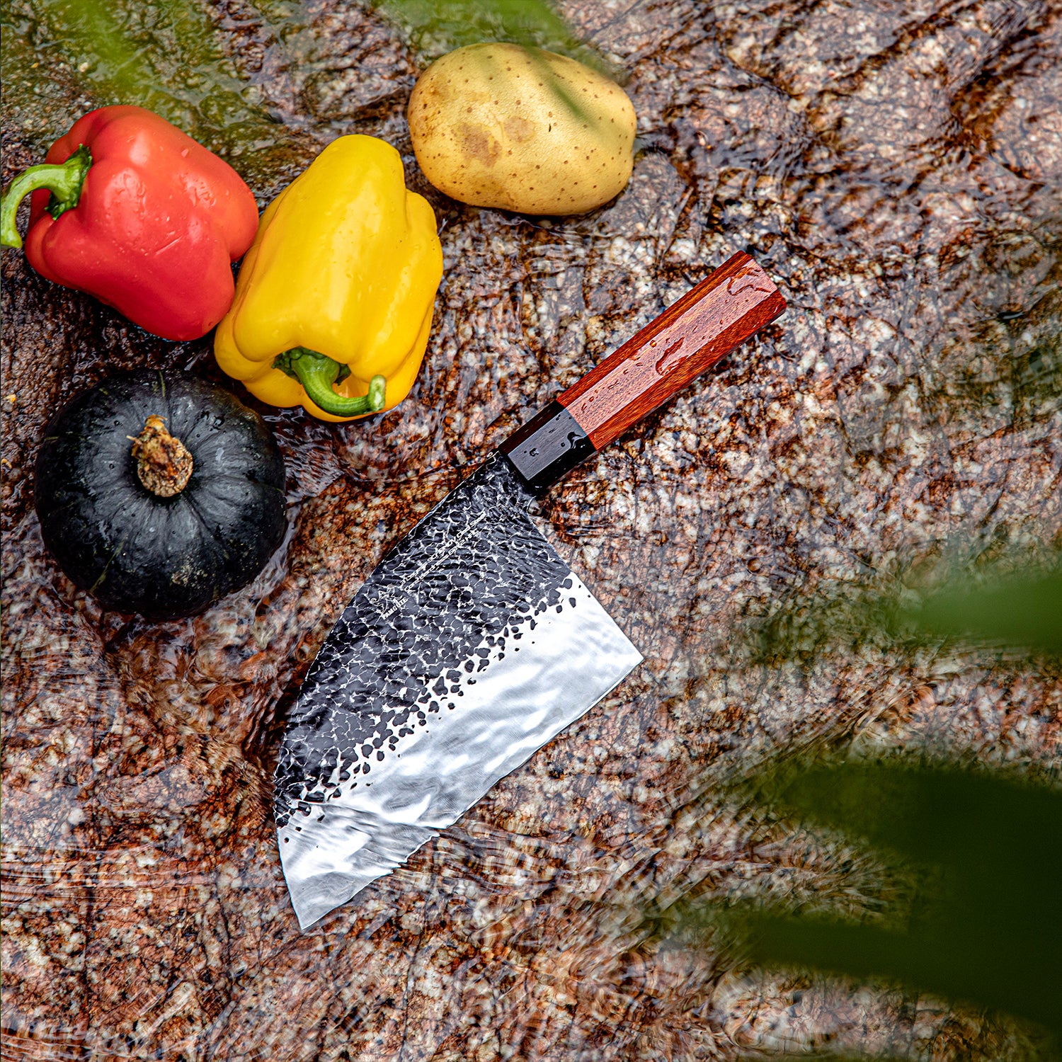 FAMCÜTE 6.5 inch Butcher Knife, 3 Layer 9CR18MOV Clad Steel w/octagon Handle Serbian Meat Cleaver Knife with Leather Knife Sheath