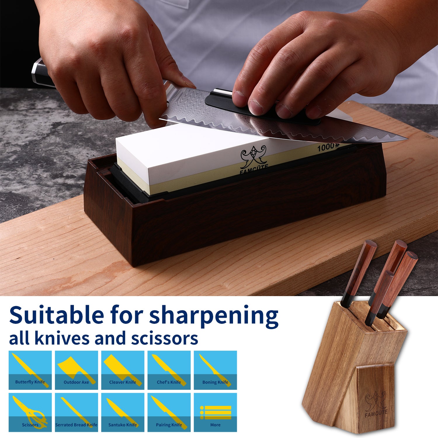 FAMCÜTE Premium Whetstone Knife –1000/6000 2 Side Grit Professional Sharpening Stone with Angle Guide Non Slip Rubber Base Holder