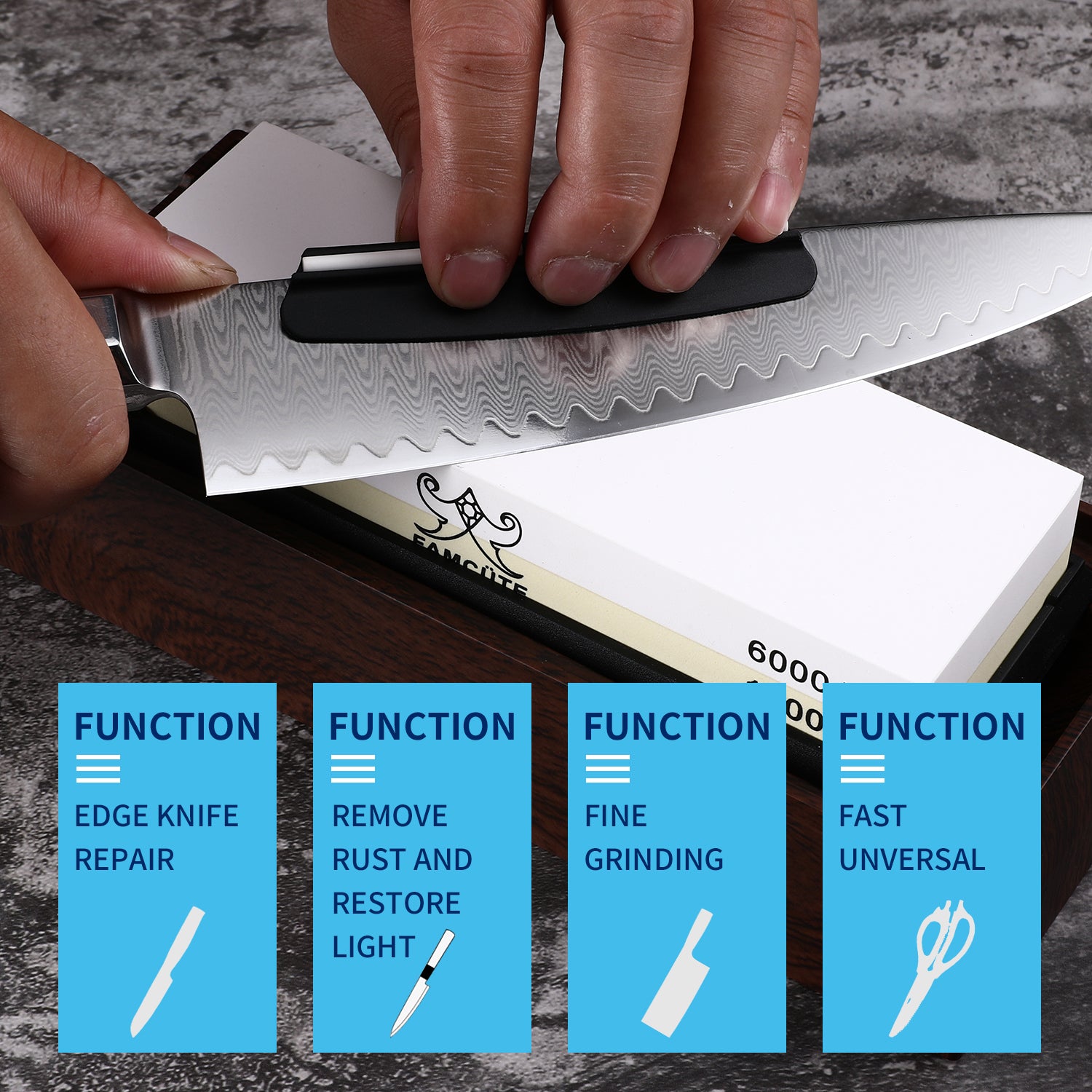 FAMCÜTE Premium Whetstone Knife –1000/6000 2 Side Grit Professional Sharpening Stone with Angle Guide Non Slip Rubber Base Holder